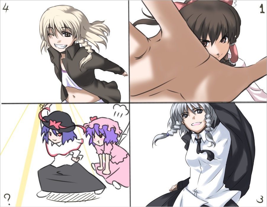 haruichi (komikal), hakurei reimu, izayoi sakuya, kirisame marisa, nagae iku, remilia scarlet, saturday night fever, touhou, silver hair, 5girls, alternate costume, blonde hair, braid, brown eyes, brown hair, contemporary, female focus, foreshortening, formal clothes, grin, hat, midriff, multiple girls, necktie, one eye closed, parody, pout, purple hair, short hair, smile, twin braids, wink, yellow eyes