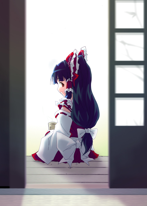 kazuha (ichiwa), hakurei reimu, touhou, 1girl, black hair, female focus, japanese clothes, long hair, low-tied long hair, miko, ribbon, solo