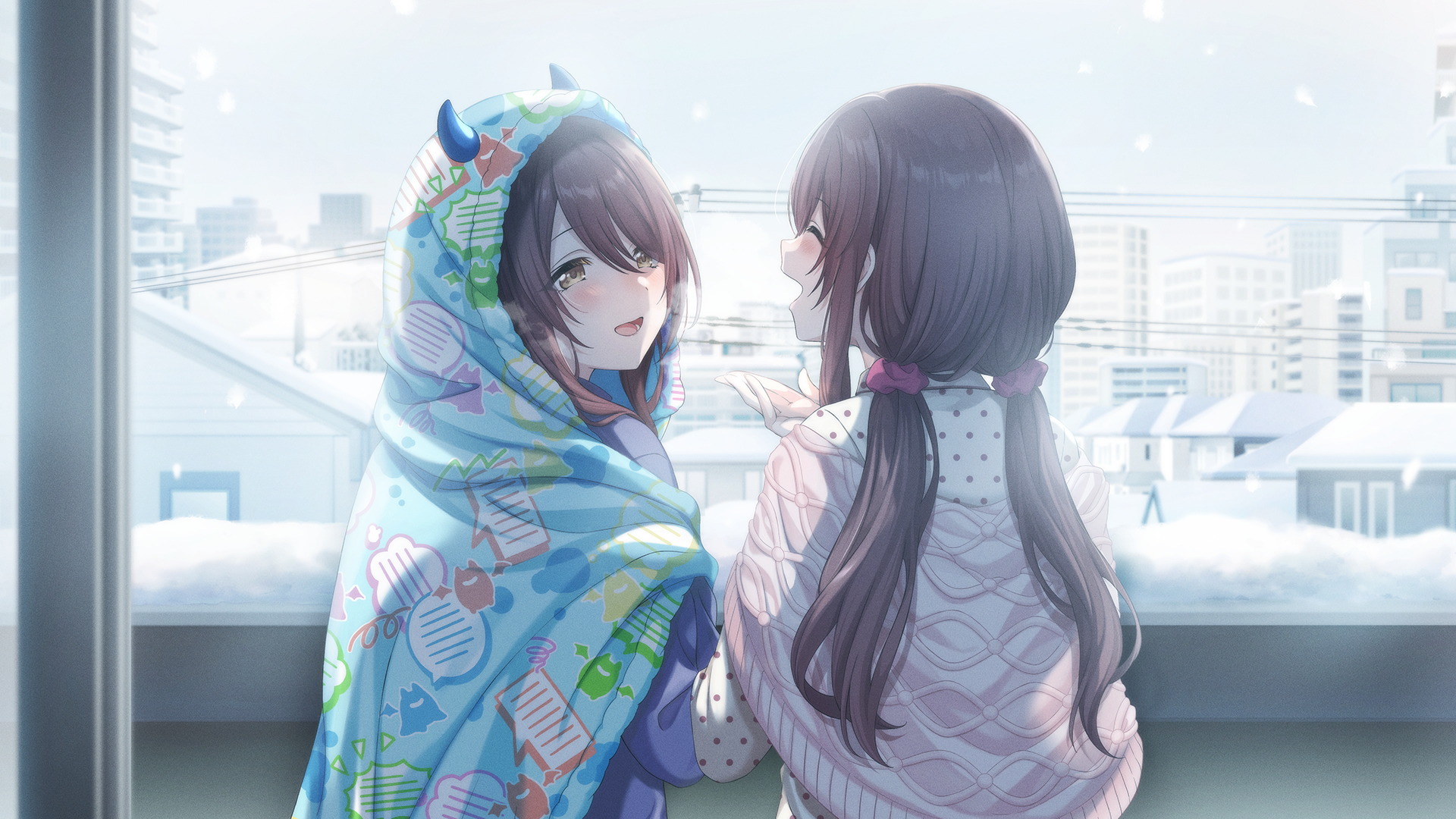 osaki amana, osaki tenka, idolmaster, idolmaster shiny colors, idolmaster shiny colors song for prism, game cg, official art, 2girls, blanket, building, cityscape, closed eyes, horns, low twintails, multiple girls, open mouth, polka dot, power lines, profile, red hair, snow, snowing, twintails, yellow eyes