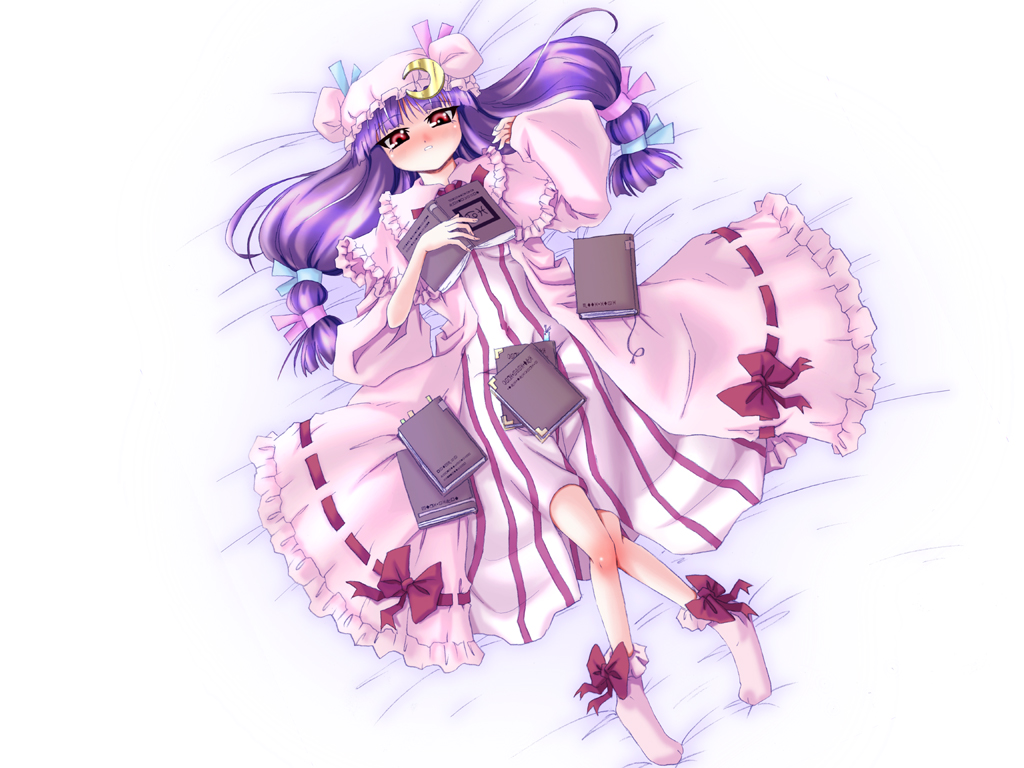 kazuha (ichiwa), patchouli knowledge, touhou, 1girl, blush, book, bow, female focus, pink bow, solo