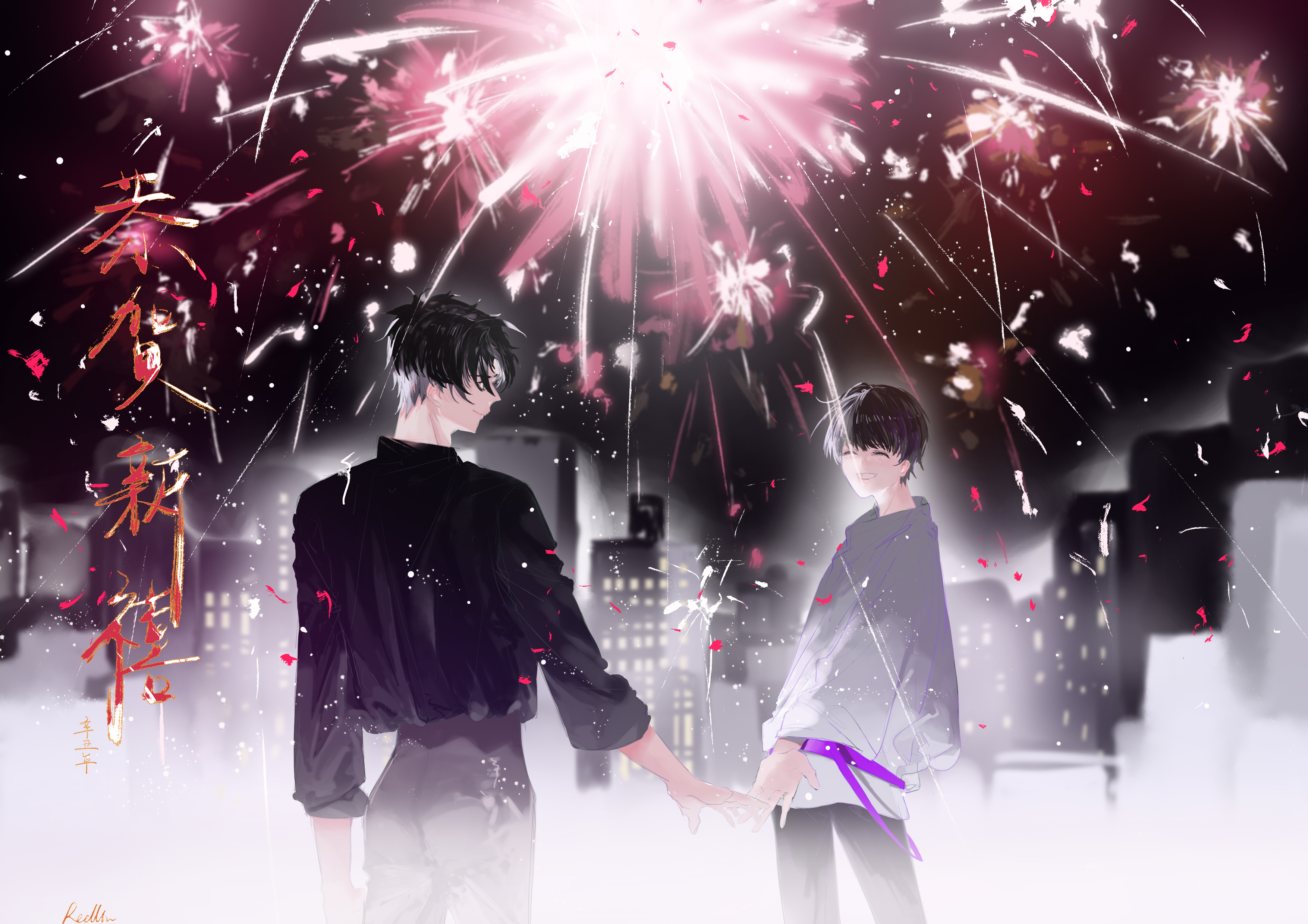 roellm, kim dokja, yoo joonghyuk, omniscient reader's viewpoint, absurdres, highres, 2boys, aerial fireworks, black hair, black shirt, fireworks, hand in pocket, holding hands, looking at another, male focus, multiple boys, night, shirt, shirt tucked in, short hair, skyline, sleeves rolled up, white shirt