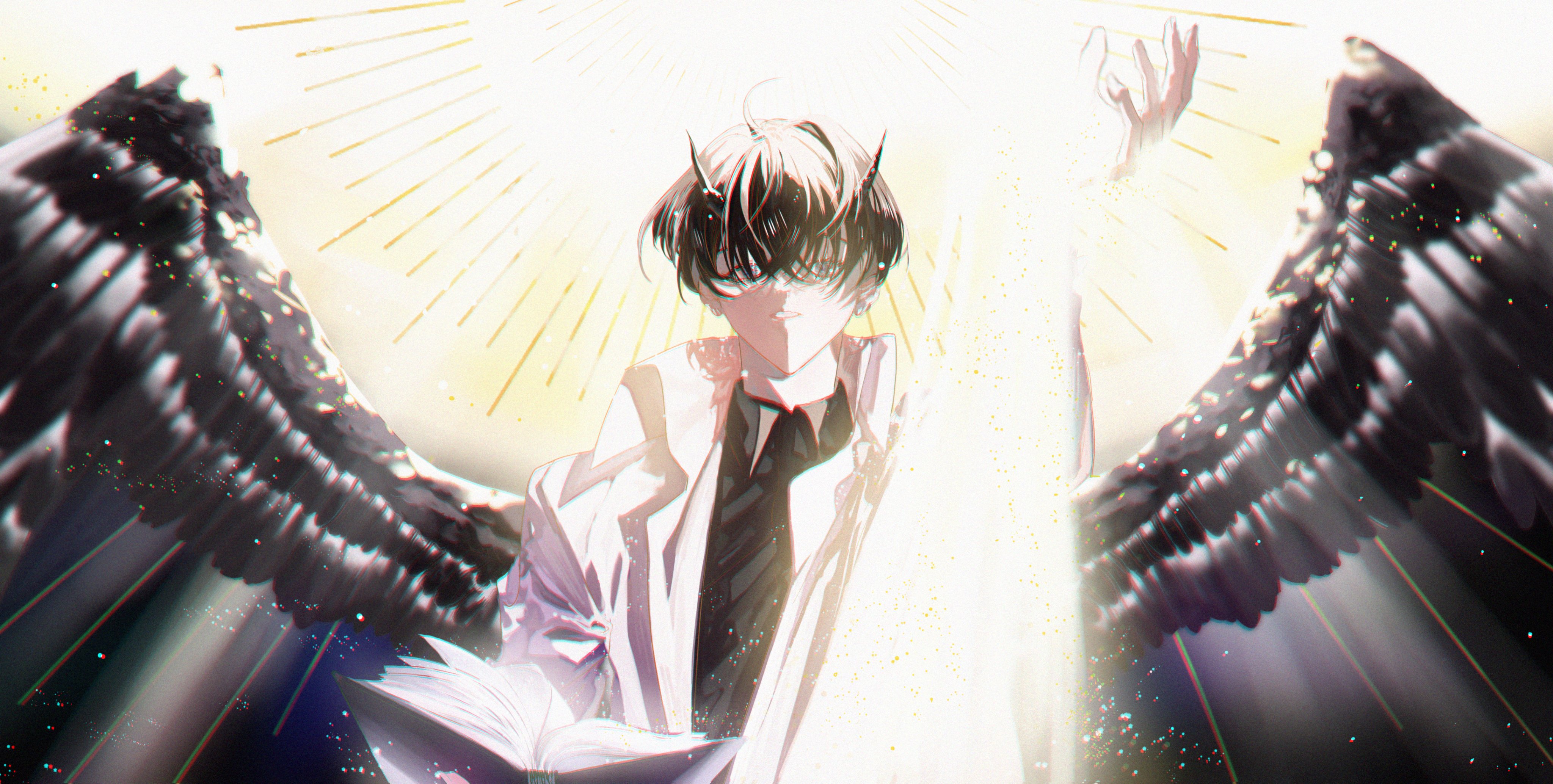 roellm, kim dokja, omniscient reader's viewpoint, absurdres, highres, 1boy, backlighting, black hair, black shirt, black wings, book, coat, collared shirt, demon horns, feathered wings, glowing, hand up, holding, holding book, horns, light rays, male focus, night, open book, open clothes, open coat, shirt, short hair, solo, sun behind head, white coat, wings
