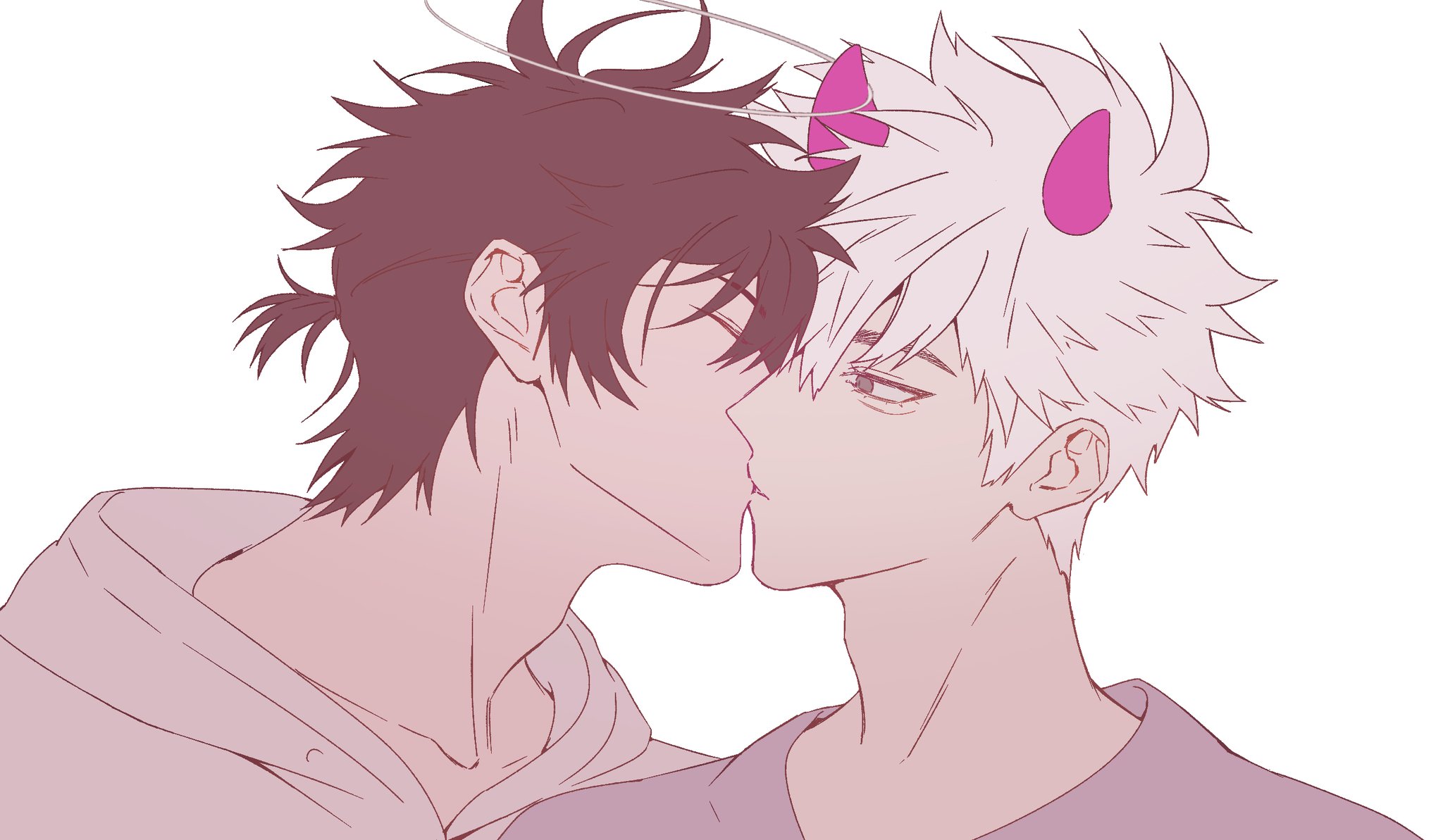 mrsseven745, cheng xiaoshi, cheng xiaoshi (angel), lu guang, lu guang (devil), shiguang dailiren, highres, 2boys, angel, black hair, closed eyes, collarbone, demon boy, demon horns, eyelashes, from side, grey eyes, grey shirt, hair between eyes, half-closed eyes, halo, hood, hood down, hoodie, horns, kiss, looking at another, male focus, messy hair, multiple boys, ponytail, profile, purple horns, shirt, short hair, short ponytail, simple background, spiked hair, upper body, white background, white hair, white hoodie, yaoi