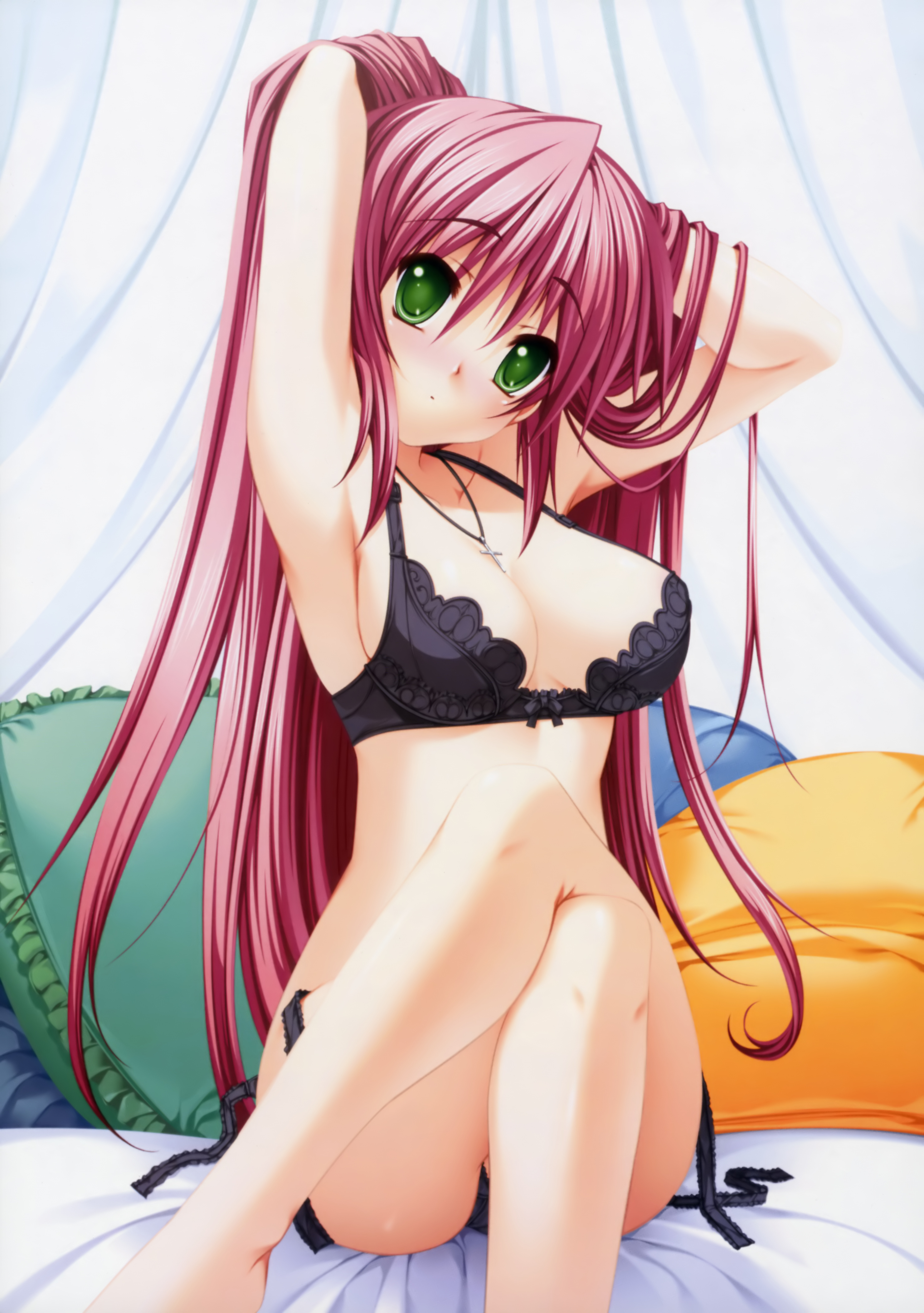 senomoto hisashi, sara appleton, like a butler, untied, absurdres, highres, scan, 1girl, adjusting hair, armpits, arms up, bare legs, barefoot, bed, black bra, black panties, blush, bow, bow bra, bra, breasts, cleavage, cross, crossed legs, female focus, green eyes, hand in own hair, head tilt, jewelry, large breasts, legs, lingerie, long hair, necklace, panties, pillow, pink hair, side-tie panties, sitting, solo, underwear, underwear only, very long hair