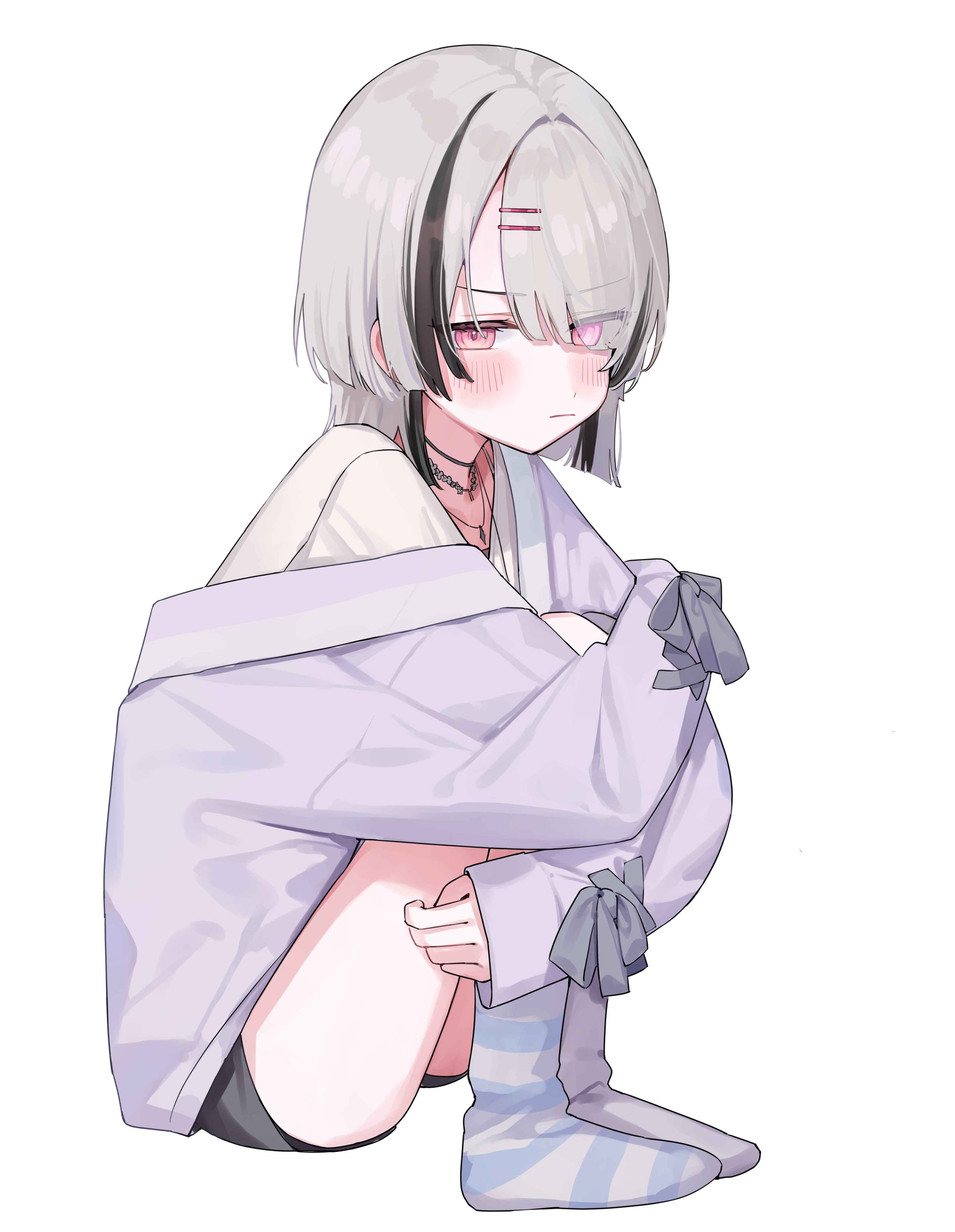 hanada ten, asumi sena, asumi sena (5th costume), vspo!, absurdres, highres, 1girl, asymmetrical legwear, black hair, black shorts, blush, closed mouth, frown, full body, grey hair, hair ornament, jacket, jewelry, long sleeves, looking at viewer, multicolored hair, necklace, pink eyes, purple jacket, purple socks, shirt, short hair, shorts, simple background, single off shoulder, socks, solo, streaked hair, striped clothes, striped socks, virtual youtuber, white background, white shirt, wolf cut