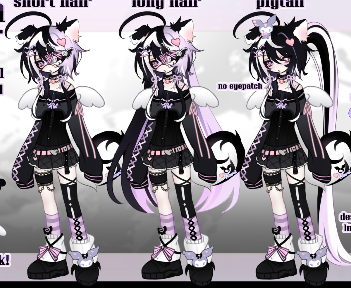 cloud (lufaeris), kuromi, sleepybunsu, indie virtual youtuber, onegai my melody, sanrio, commentary, english commentary, 1girl, ahoge, animal ears, black dress, black hair, black shoes, cat ears, cat girl, cat tail, character hair ornament, dress, eyepatch, hair between eyes, hair ornament, heart, heart hair ornament, huge ahoge, leg warmers, long hair, long sleeves, looking at viewer, multicolored hair, multiple views, open mouth, ponytail, purple hair, purple socks, shoes, short hair, sleeves past fingers, sleeves past wrists, socks, striped clothes, striped socks, tail, two-tone hair, virtual youtuber, white leg warmers, wings