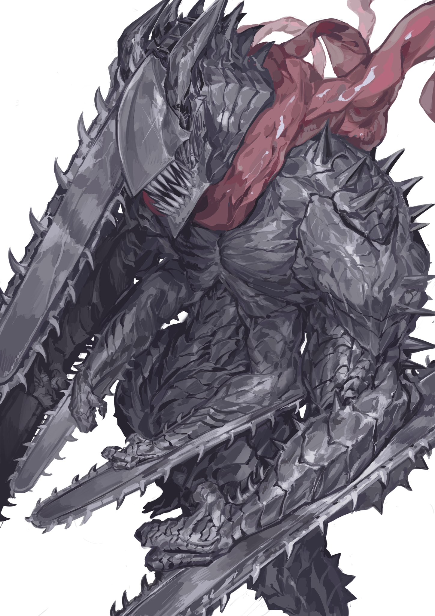 nameno92372763, chainsaw devil, chainsaw man, commentary, english commentary, highres, 1boy, arm blade, armor, black armor, black scales, chainsaw, demon horns, extra arms, horns, male focus, monster, red scarf, scarf, sharp teeth, simple background, solo, standing, teeth, weapon, white background
