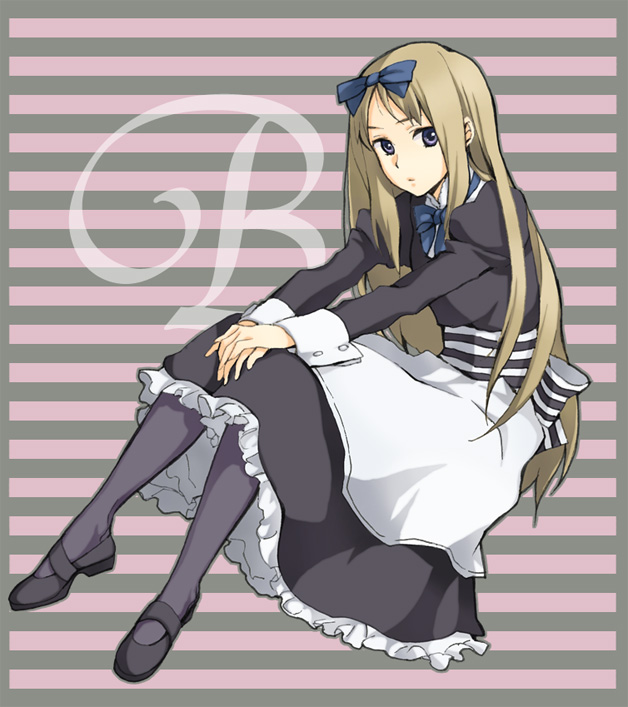maruishi, belarus (hetalia), axis powers hetalia, bad id, bad pixiv id, 00s, 1girl, blonde hair, blue eyes, dress, female focus, hair ribbon, long hair, mary janes, pantyhose, petticoat, pout, ribbon, shoes, sitting, solo, striped background