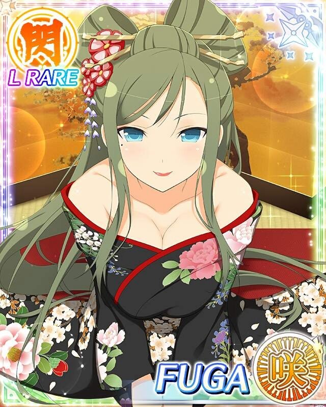 fuga (senran kagura), senran kagura, senran kagura new wave, game cg, official art, 1girl, black kimono, blue eyes, border, bowing, breasts, card (medium), character name, cleavage, closed mouth, datehyogo, english text, floral print, floral print kimono, folding screen, green hair, hair ornament, japanese clothes, kanzashi, kimono, large breasts, leaning forward, long hair, low neckline, mole, mole under eye, official alternate costume, official alternate hairstyle, print kimono, red lips, seiza, sitting, smile, solo, swept bangs