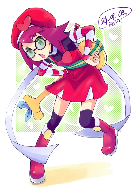 reka, harp note (mega man), sonia strumm (mega man), capcom, mega man (series), mega man star force (series), 00s, 1girl, cosplay, female focus, glasses, guitar, harp note (mega man) (cosplay), instrument, purple hair, solo, thighhighs