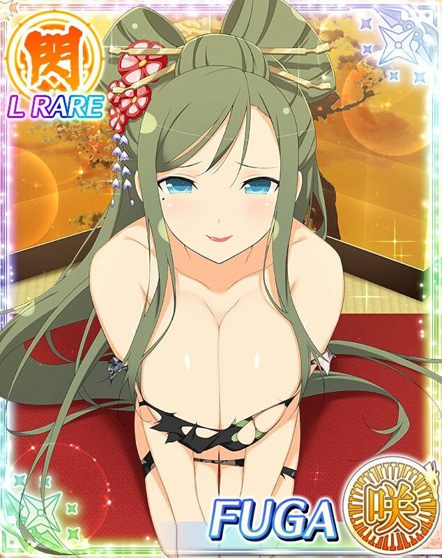 fuga (senran kagura), senran kagura, senran kagura new wave, game cg, official art, 1girl, black kimono, blue eyes, border, bowing, breasts, card (medium), character name, cleavage, closed mouth, datehyogo, english text, floral print, floral print kimono, folding screen, green hair, hair ornament, japanese clothes, kanzashi, kimono, large breasts, leaning forward, long hair, low neckline, mole, mole under eye, official alternate costume, official alternate hairstyle, print kimono, red lips, seiza, sitting, smile, solo, swept bangs, torn clothes, torn kimono