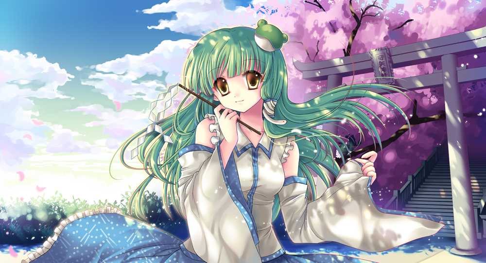 sousouman, kochiya sanae, touhou, bad id, bad pixiv id, 1girl, blunt bangs, cherry blossoms, detached sleeves, female focus, frog, gohei, green hair, hair ornament, japanese clothes, miko, petals, smile, snake, solo, stairs, sunlight, torii, wind, yellow eyes