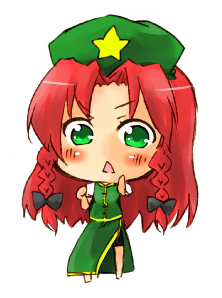 okannigeru, hong meiling, immaterial and missing power, touhou, bad id, bad pixiv id, 1girl, :<, beret, braid, chibi, china dress, chinese clothes, dress, female focus, green eyes, hat, long hair, red hair, ribbon, side slit, solo, twin braids
