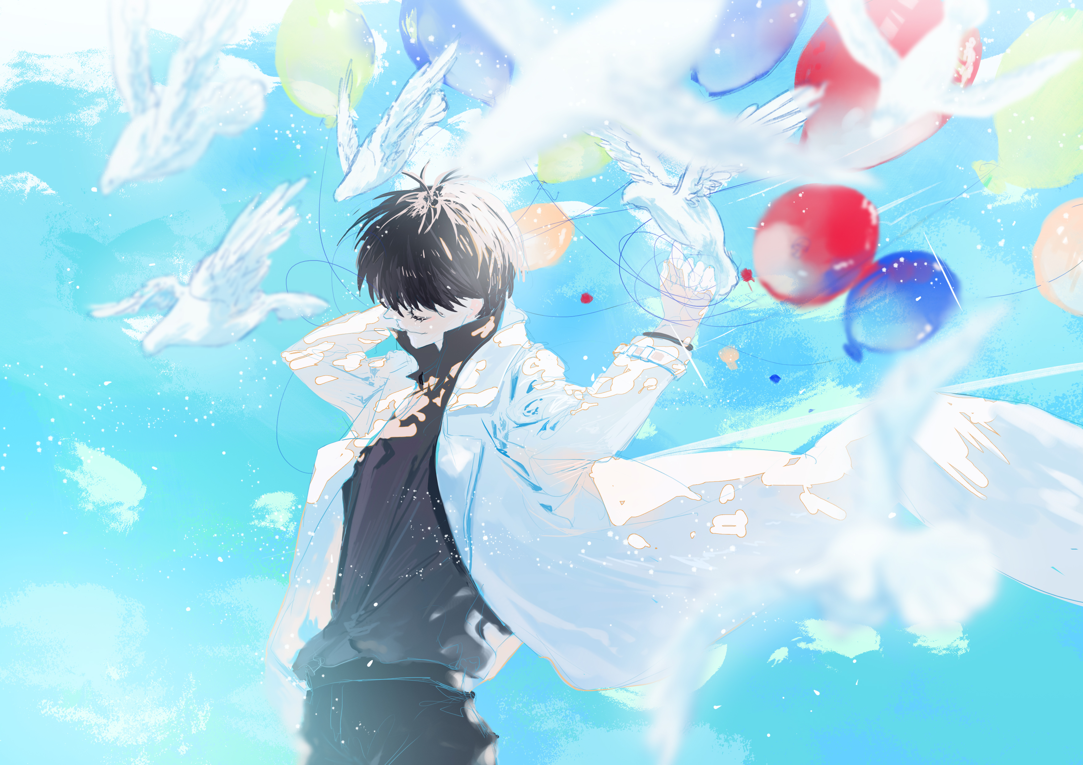 roellm, kim dokja, omniscient reader's viewpoint, absurdres, highres, 1boy, arms up, balloon, bird, black hair, black shirt, blue sky, cloud, cloudy sky, coat, cowboy shot, dappled sunlight, day, faceless, head tilt, male focus, motion blur, open clothes, open coat, outdoors, shaded face, shirt, shirt tucked in, short hair, sky, string around wrist, sunlight, too many, too many birds, white coat, wind, wind lift