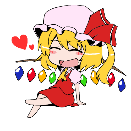 kari (karinimooreha), flandre scarlet, touhou, animated, animated gif, lowres, 1girl, :d, ^ ^, chibi, closed eyes, female focus, flapping, happy, hat, open mouth, ribbon, smile, solo, wings