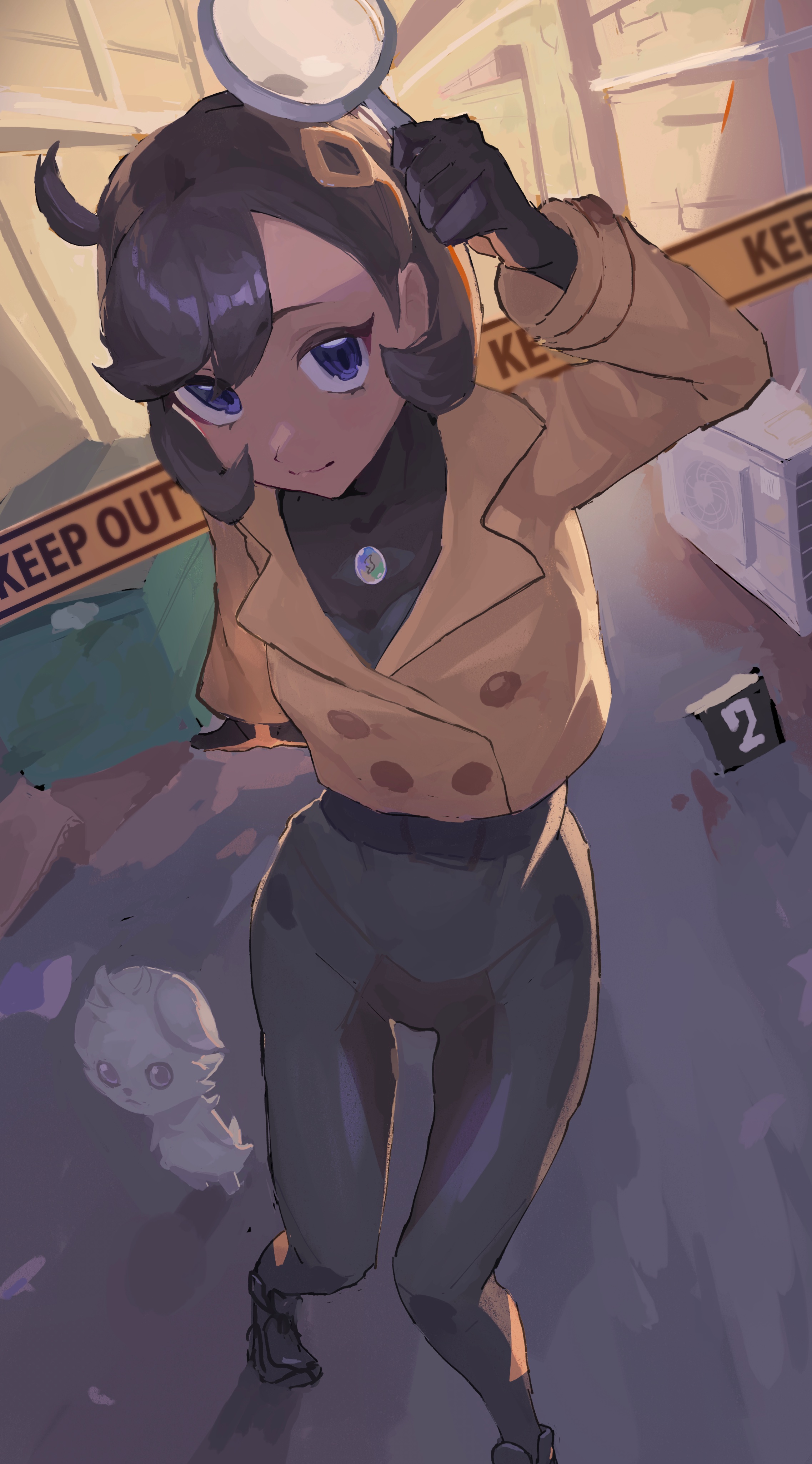 rasoso (wyzx4524), emma (pokemon), espurr, nintendo, pokemon, pokemon legends: z-a, absurdres, highres, 1girl, alley, black bodysuit, black gloves, black hair, blue eyes, bodysuit, bodysuit under clothes, breasts, brown jacket, caution tape, closed mouth, dark-skinned female, dark skin, gen 6 pokemon, gloves, hair ornament, holding, jacket, latex, latex bodysuit, looking at viewer, magnifying glass, mega stone, orange gloves, pokemon (creature), purple eyes, short hair, smile, trash can, two-tone gloves