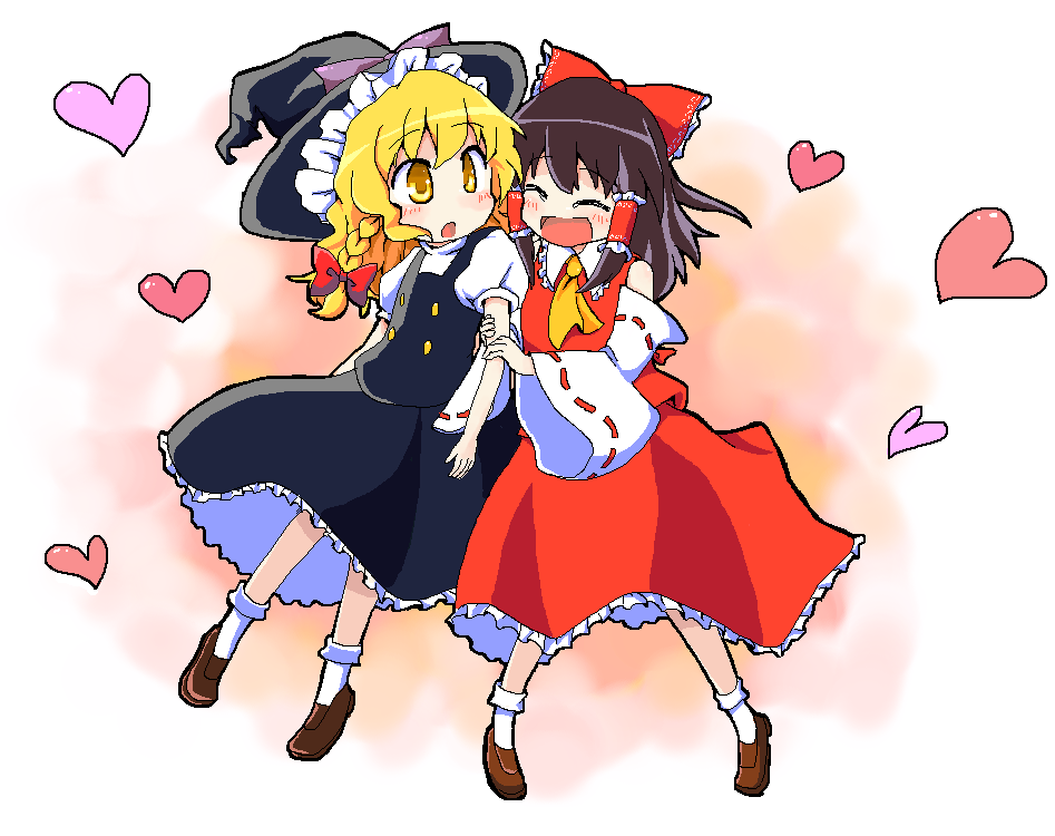 kari (karinimooreha), hakurei reimu, kirisame marisa, touhou, 2girls, female focus, full body, gradient background, hat, heart, japanese clothes, miko, multiple girls, oekaki, ribbon, skirt, white background, witch