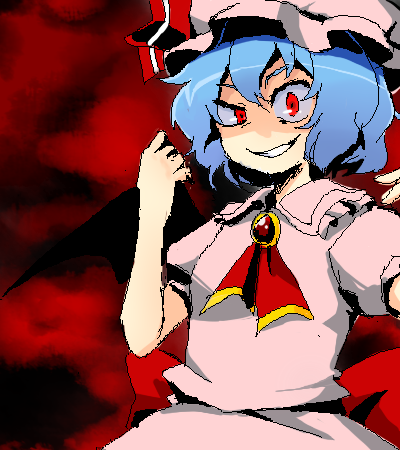 kari (karinimooreha), remilia scarlet, touhou, bad id, bad pixiv id, lowres, 1girl, female focus, hat, oekaki, red eyes, solo, standing