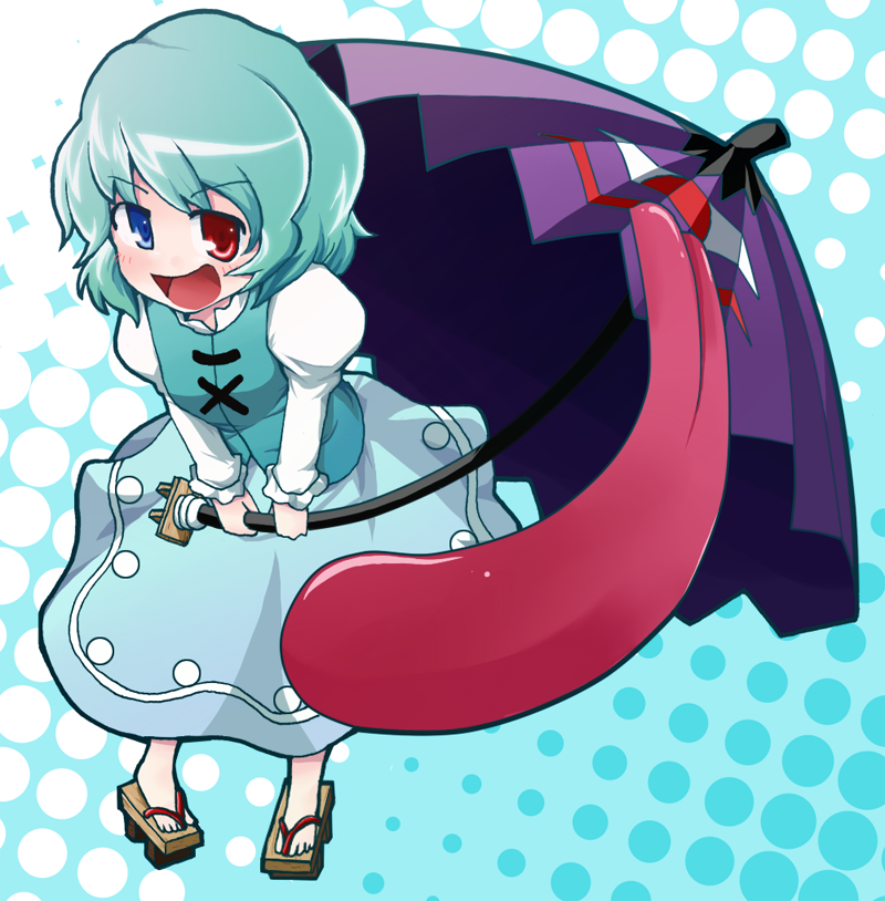 kari (karinimooreha), tatara kogasa, touhou, 1girl, female focus, full body, heterochromia, karakasa obake, short hair, solo, standing, umbrella