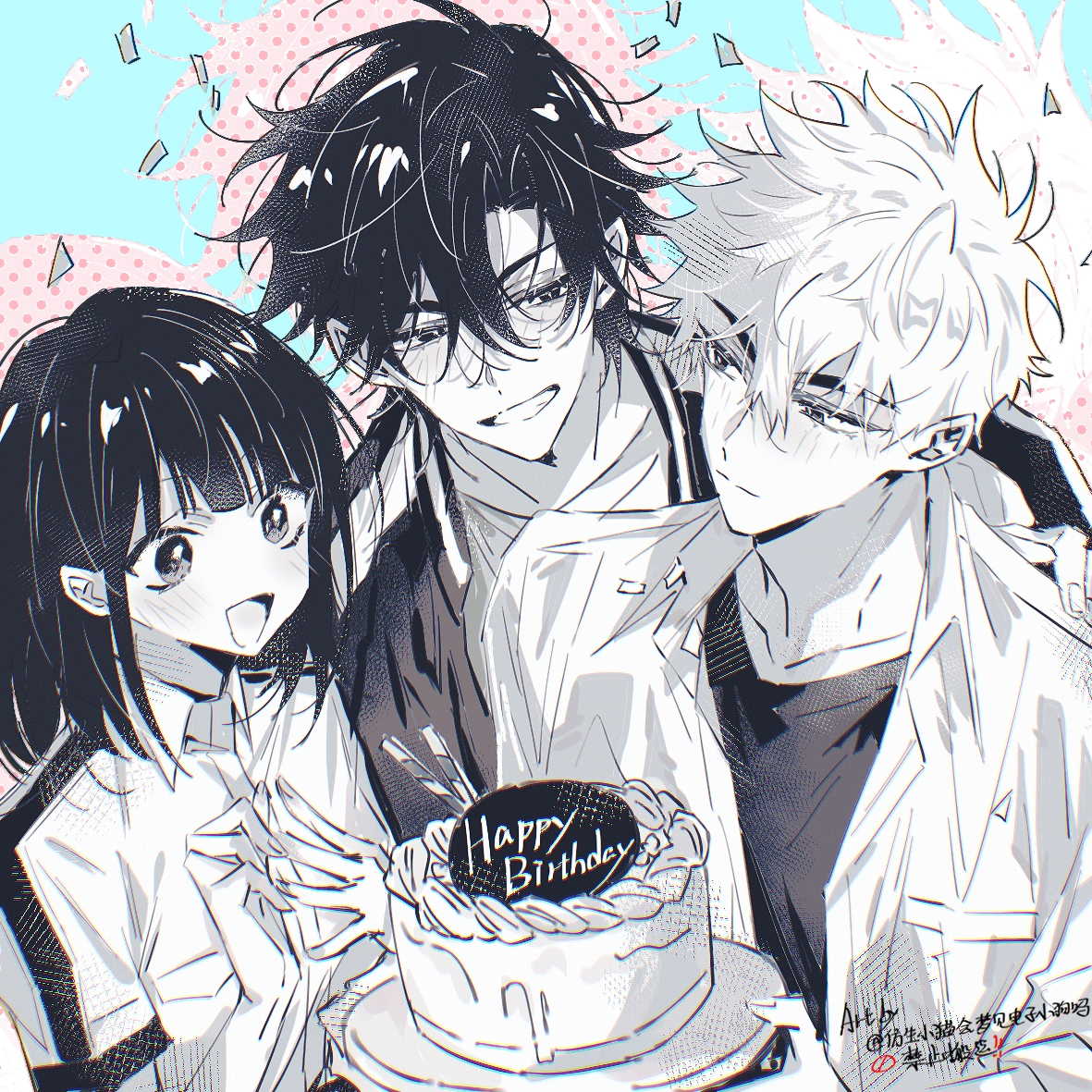 dream-storys, cheng xiaoshi, lu guang, qiao ling, shiguang dailiren, 1girl, 2boys, :d, arm around shoulder, artist name, birthday, birthday cake, black hair, blunt bangs, blush, cake, candle, closed mouth, collared shirt, confetti, dated, food, greyscale, greyscale with colored background, grin, hair between eyes, hand on another's shoulder, happy birthday, holding, holding plate, jacket, long hair, medium hair, monochrome, multicolored jacket, multiple boys, open clothes, open jacket, open mouth, own hands together, plate, shirt, short hair, short sleeves, smile, twitter username, undershirt, upper body, white hair