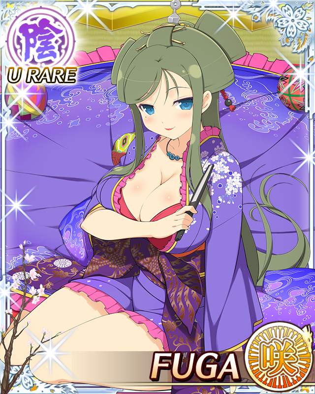 fuga (senran kagura), senran kagura, senran kagura new wave, game cg, official art, 1girl, blue eyes, border, breasts, card (medium), character name, cleavage, cleavage cutout, clothing cutout, covering breasts, covering privates, datehyogo, english text, green hair, hair ornament, hand fan, kanzashi, kunai hair ornament, large breasts, long hair, looking at viewer, mole, mole under eye, official alternate costume, official alternate hairstyle, sitting, smile, solo