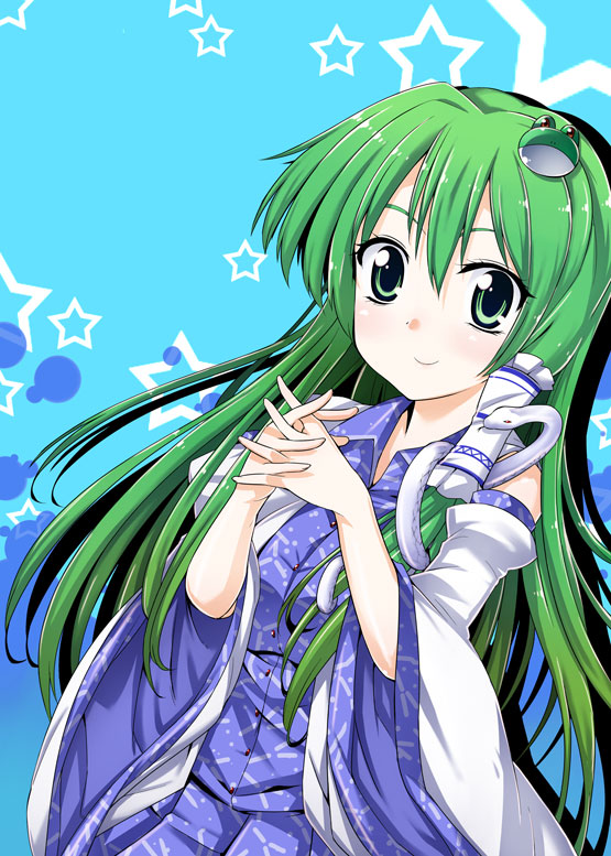 kiku hitomoji, tora tooru, toru tooru, kochiya sanae, touhou, 1girl, detached sleeves, female focus, frog hair ornament, green eyes, green hair, hair ornament, long hair, matching hair/eyes, snake, solo