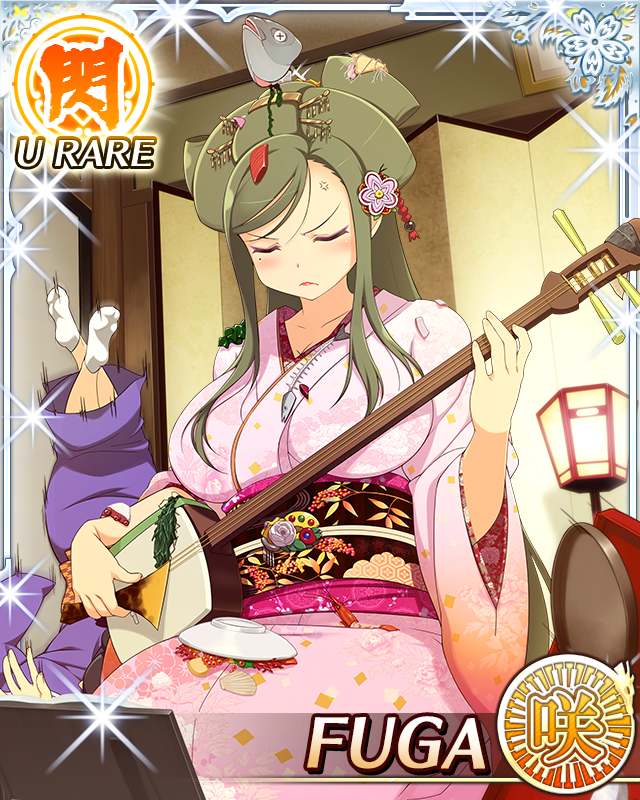 fuga (senran kagura), senran kagura, senran kagura new wave, game cg, official art, 2girls, angry, blush, border, breasts, card, card (medium), character name, closed eyes, closed mouth, datehyogo, english text, fallen down, fish head, food, food on clothes, food on head, green hair, hair ornament, holding, holding instrument, holding plectrum, instrument, japanese clothes, kanzashi, kimono, large breasts, light frown, long hair, mole, mole under eye, multiple girls, object on head, official alternate costume, official alternate hairstyle, pink kimono, playing card, plectrum, purple kimono, seiza, shamisen, sitting, solo focus, spill