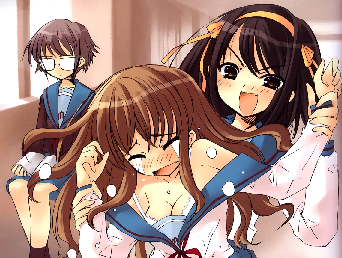 ito noizi, asahina mikuru, nagato yuki, suzumiya haruhi, suzumiya haruhi no yuuutsu, novel illustration, official art, >:d, 00s, 3girls, :d, assisted exposure, bare shoulders, blue skirt, blush, book, bra, breasts, brown eyes, closed eyes, eyes visible through hair, fang, glasses, hairband, holding another's wrist, long hair, long sleeves, medium breasts, multiple girls, nose blush, open book, open mouth, orange hairband, rape face, reading, school uniform, serafuku, sitting, skirt, smile, tears, underwear, undressing, v-shaped eyebrows, white bra, window, you gonna get raped