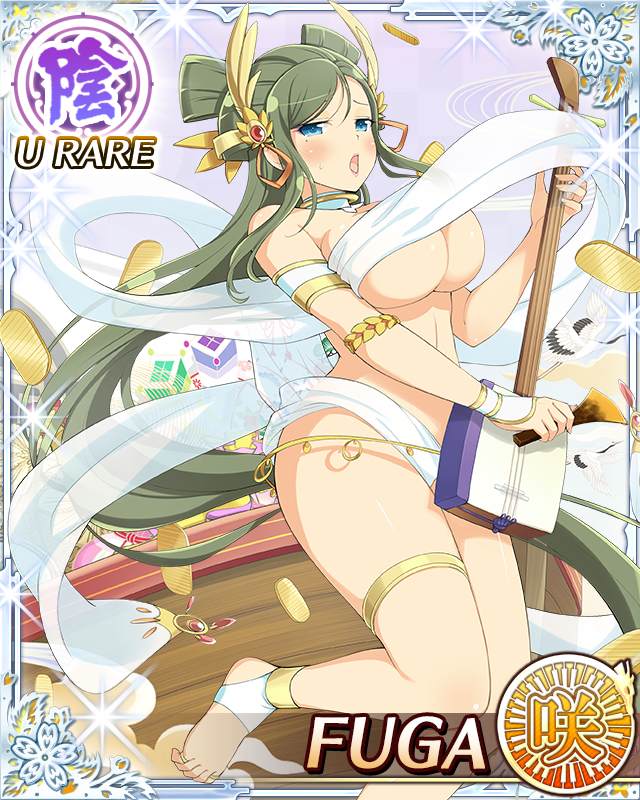 fuga (senran kagura), senran kagura, senran kagura new wave, game cg, official art, 1girl, :o, blue eyes, border, breasts, card (medium), character name, cleavage, coin, datehyogo, english text, gold, green hair, hagoromo, hair ornament, holding, holding instrument, holding plectrum, instrument, kanzashi, koban (gold), large breasts, long hair, looking at viewer, mole, mole under eye, music, navel, nude, official alternate costume, official alternate hairstyle, playing instrument, plectrum, revealing clothes, shamisen, shawl, skindentation, solo, standing, standing on one leg, thigh strap, toes