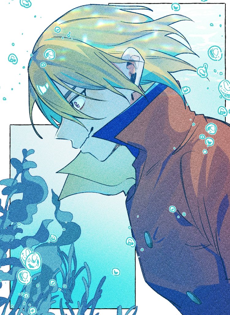 0a 9 (pixiv82791714), nanami ryuusui, dr. stone, 1boy, air bubble, blonde hair, bubble, closed mouth, coat, from side, hair between eyes, high collar, jacket, male focus, profile, red coat, short hair, smile, solo, underwater, upper body