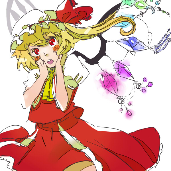 yukataro, flandre scarlet, touhou, bad id, bad pixiv id, 1girl, alternate wings, blonde hair, blouse, female focus, hat, head tilt, mob cap, ribbon, shirt, solo, standing, white background, white hat, white shirt, wings