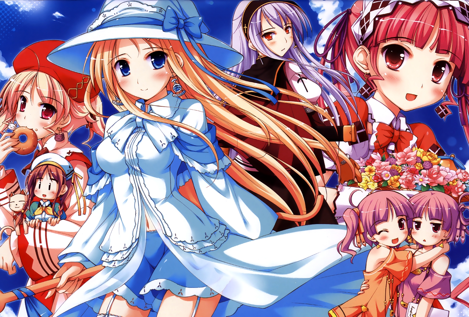 ko~cha, agnes boulange, carina verritti, chelsea arcot, minette, nina lindberg, ritos tortilla, salsa tortilla, tango (shukufuku no campanella), shukufuku no campanella, light purple hair, 6+girls, :<, blonde hair, blue eyes, blush, brown hair, cat, donut, earrings, eating, everyone, flower, food, hairband, hat, hug, jewelry, long hair, multiple girls, pink hair, purple hair, red eyes, siblings, side ponytail, sisters, skirt, smile, thighhighs, wink, zettai ryouiki