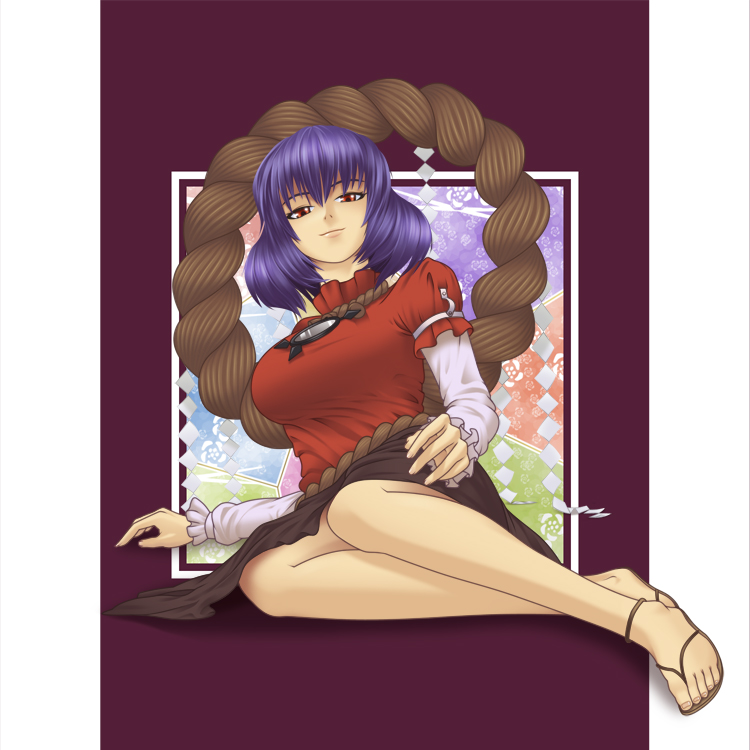 shiten, yasaka kanako, touhou, bad id, bad pixiv id, 1girl, breasts, feet, female focus, full body, legs, purple hair, red eyes, sandals, sitting, smirk, solo