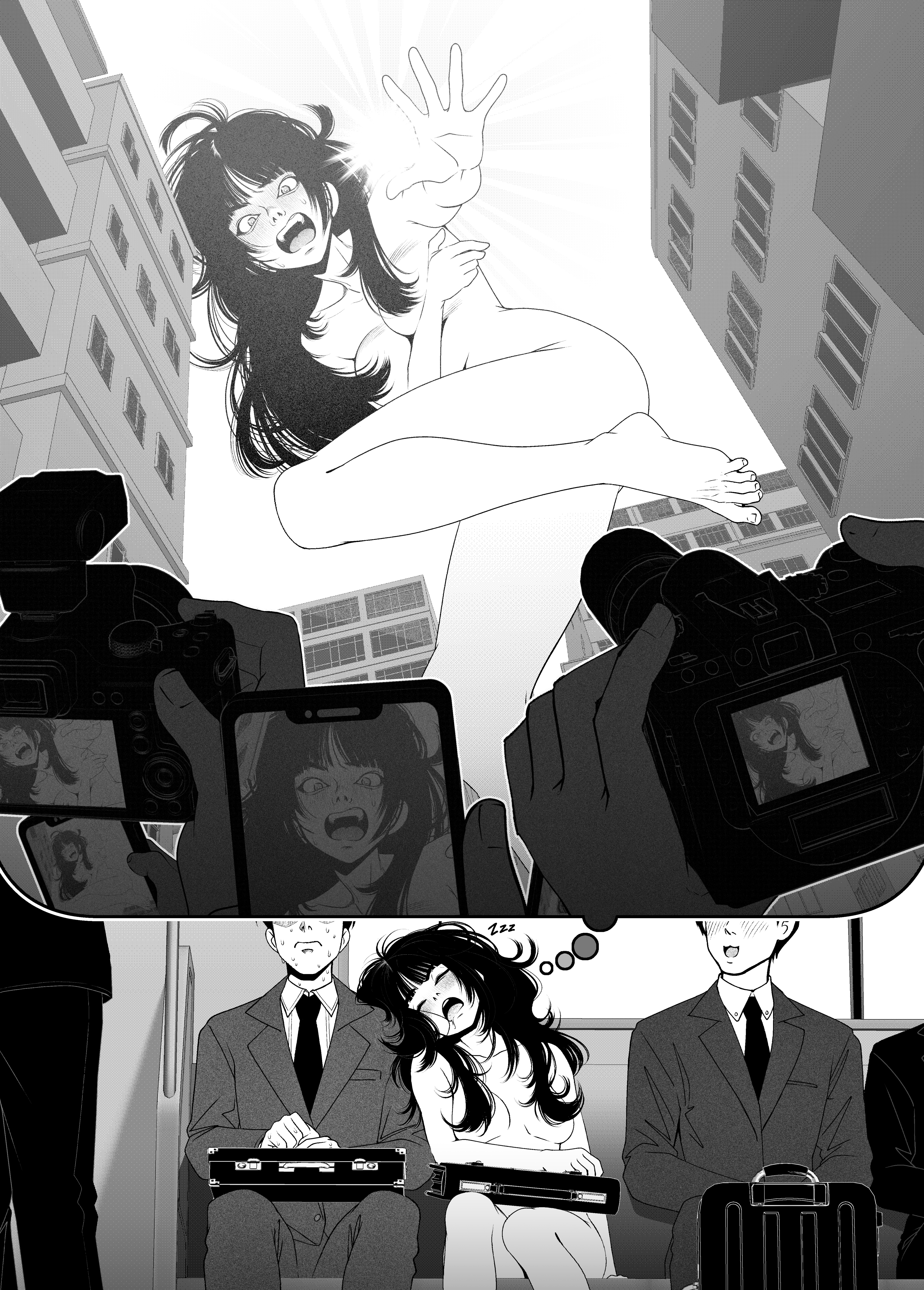 kusujinn, absurdres, highres, non-web source, black hair, blush, completely nude, covering privates, crowd, giant, giantess, hair censor, nude, sentenced to nudity