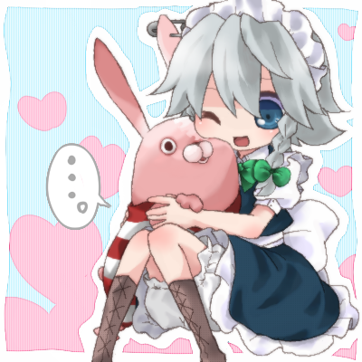 magu, izayoi sakuya, kirenenko (usavich), putin (usavich), touhou, lowres, 1girl, chibi, female focus, hairband, one eye closed, ribbon, solo, wink