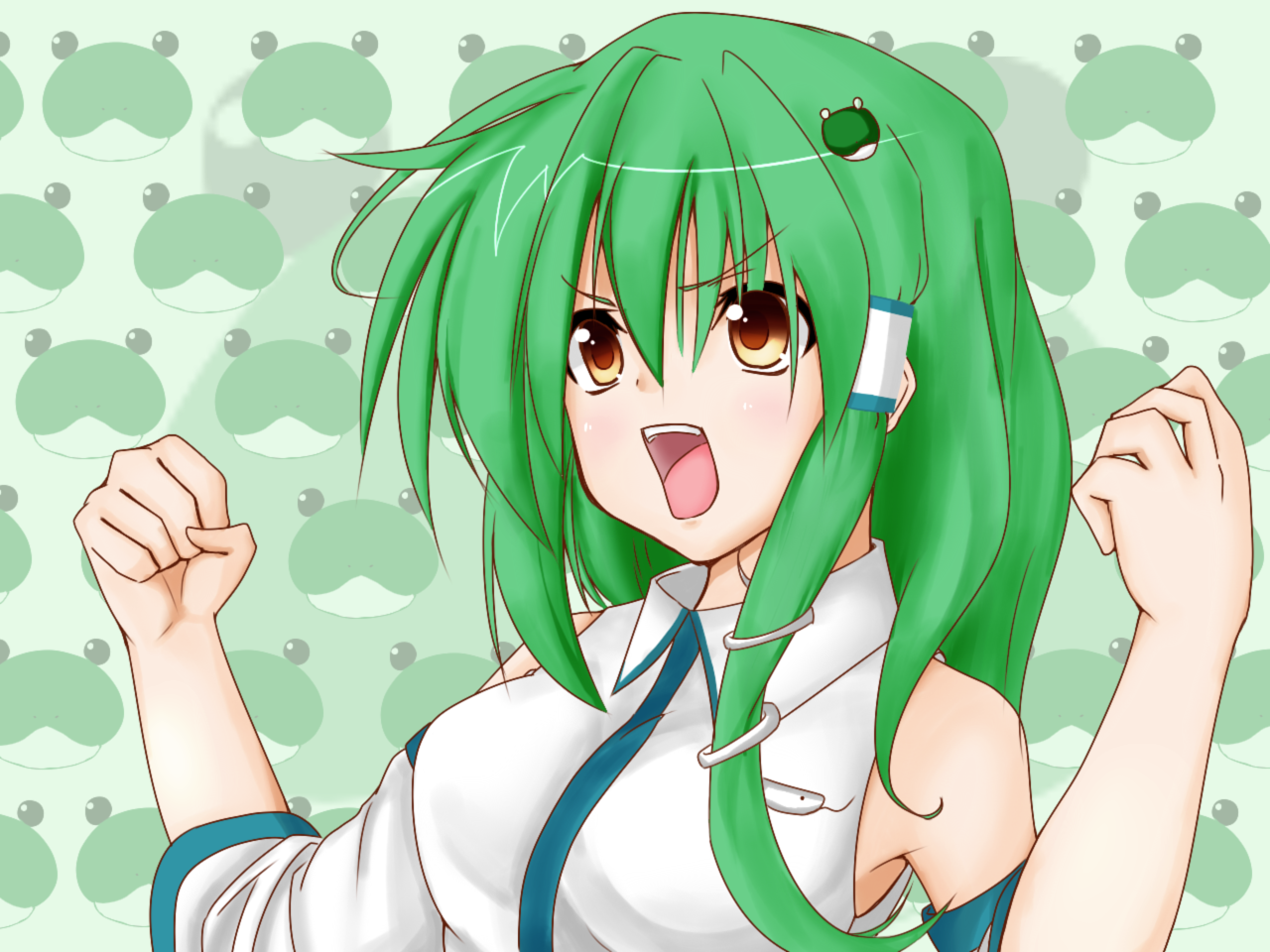 kamo (yokaze), kochiya sanae, touhou, bad id, bad pixiv id, 1girl, bare shoulders, blush, breasts, brown eyes, clenched hands, detached sleeves, female focus, frog hair ornament, green hair, hair ornament, long hair, sidelocks, solo, tareme, very long hair, yellow eyes