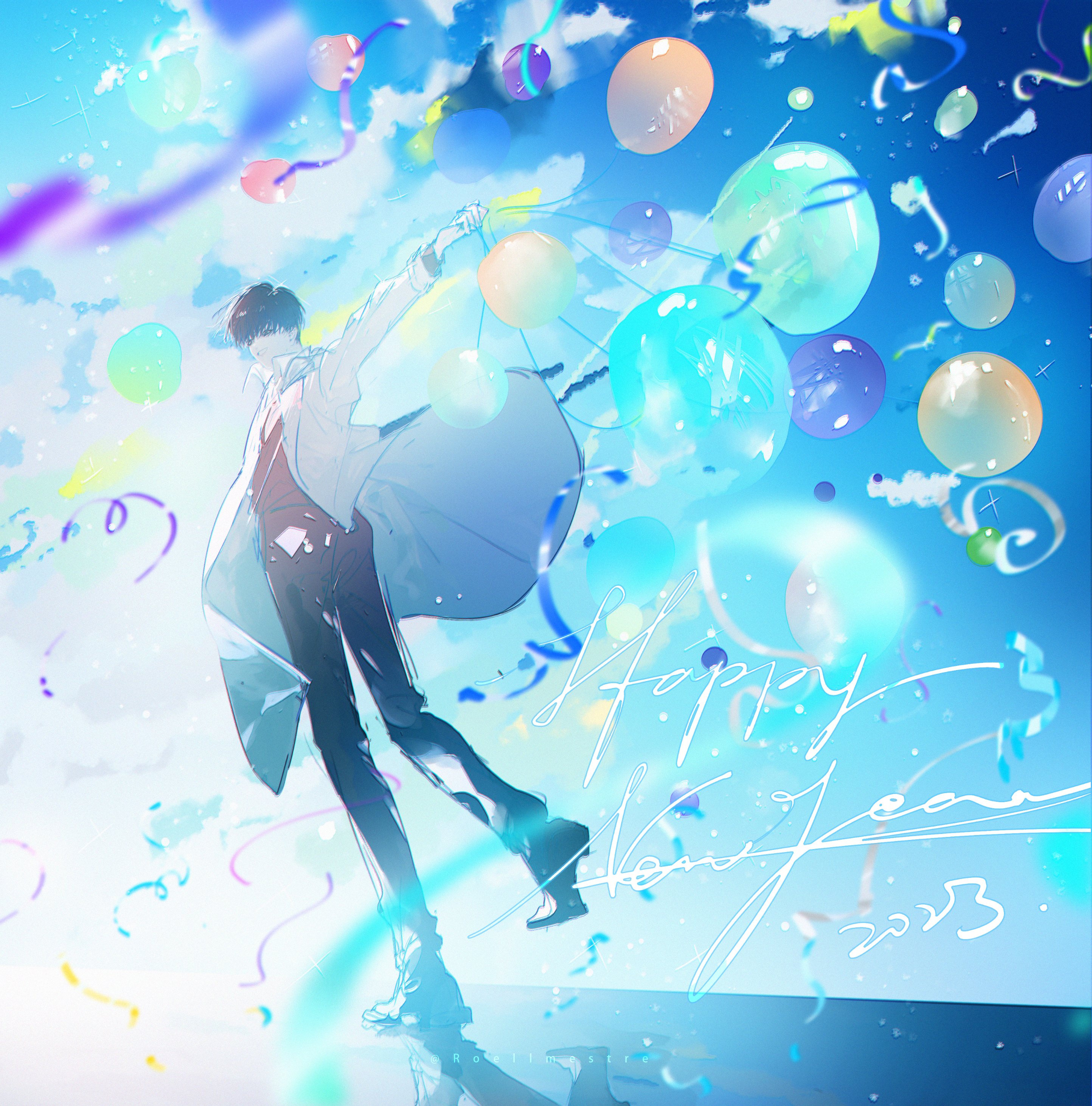 roellm, kim dokja, omniscient reader's viewpoint, absurdres, highres, 1boy, balloon, black hair, black shirt, blue sky, cloud, cloudy sky, coat, collared shirt, confetti, cursive, day, english text, full body, happy birthday, holding, holding balloon, horizon, male focus, open clothes, open coat, reflective surface, shirt, short hair, sky, solo, standing, standing on one leg, streamers, white coat, wind, wind lift