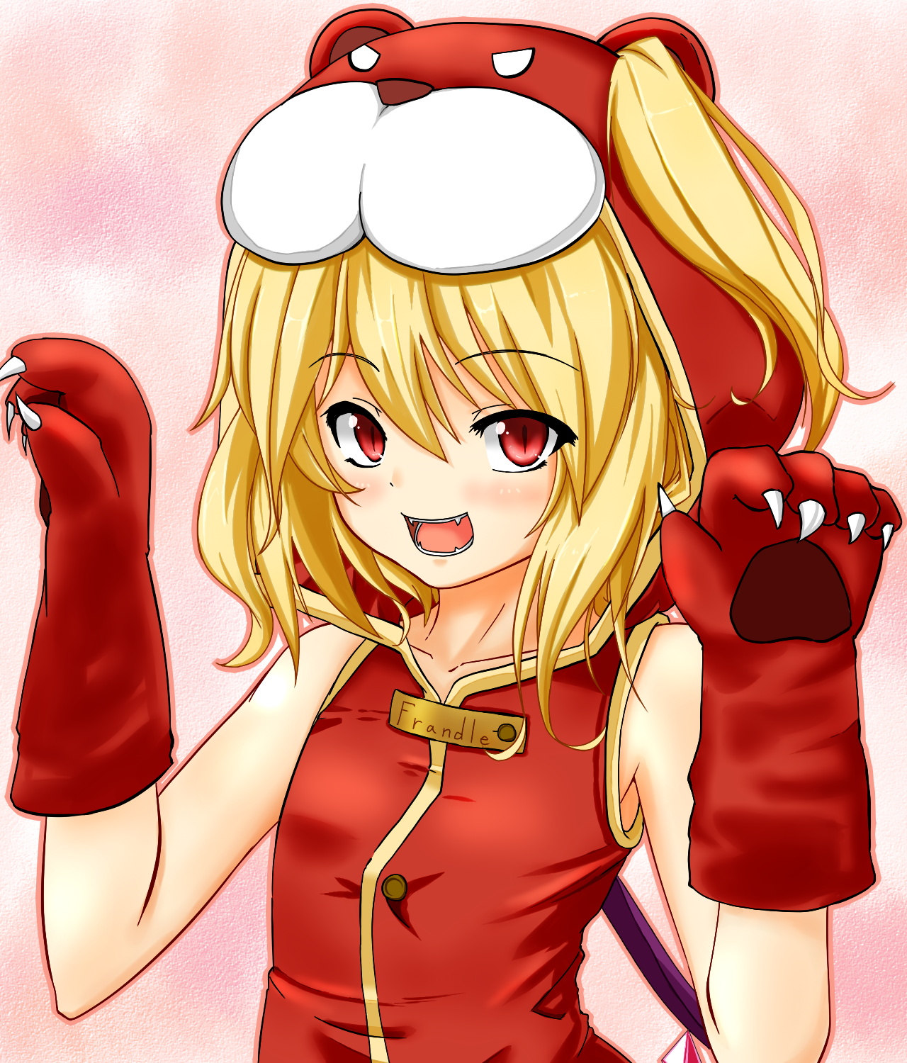 kamo (yokaze), flandre scarlet, touhou, highres, 1girl, animal costume, animal hands, blonde hair, claws, fangs, female focus, ponytail, red eyes, short hair, side ponytail, slit pupils, solo, wings