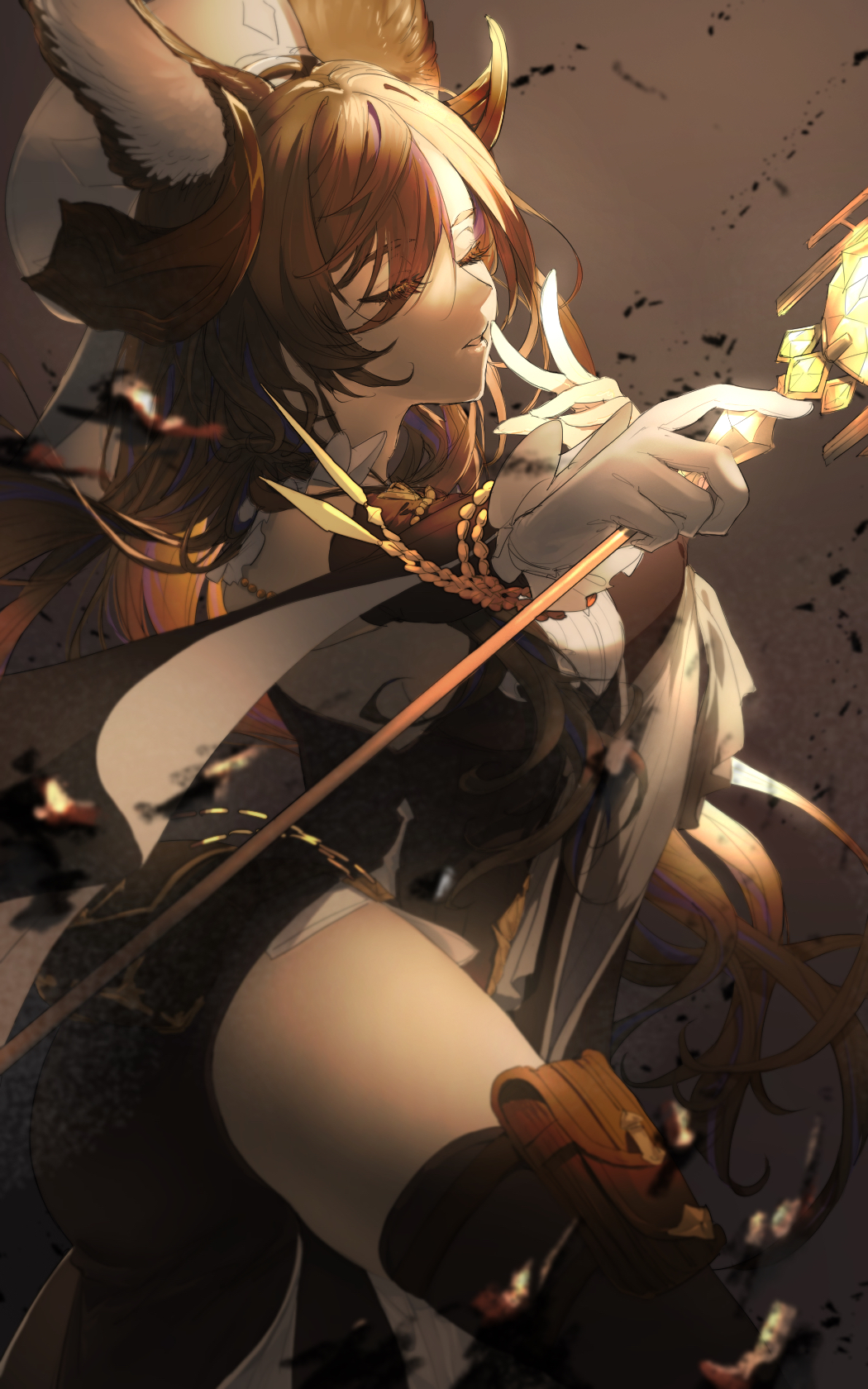 arumu, galleon (granblue fantasy), granblue fantasy, commentary request, highres, 1girl, animal ear fluff, animal ears, black boots, black dress, boots, breasts, brown hair, closed eyes, cowboy shot, curled horns, debris, detached sleeves, dress, from side, gloves, hair between eyes, hair over one eye, hand up, holding, holding star, horns, large breasts, long hair, long hair between eyes, mage staff, multicolored hair, pouch, purple streaks, side slit, single detached sleeve, solo, staff, star (symbol), streaked hair, thigh boots, thigh pouch, thighs, very long hair, white gloves