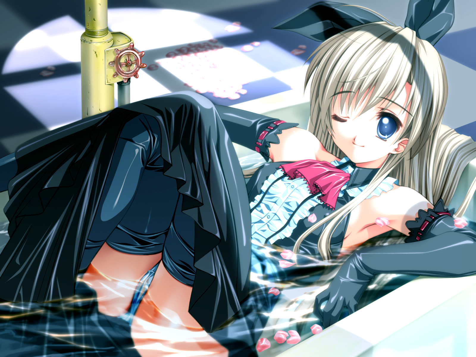 senomoto hisashi, copyright request, highres, 1girl, aqua panties, ascot, bare shoulders, blonde hair, blue eyes, breasts, cameltoe, covered erect nipples, elbow gloves, female focus, gloves, gothic lolita, lolita fashion, long hair, one eye closed, panties, small breasts, smile, solo, thighhighs, underwear, wet, wink