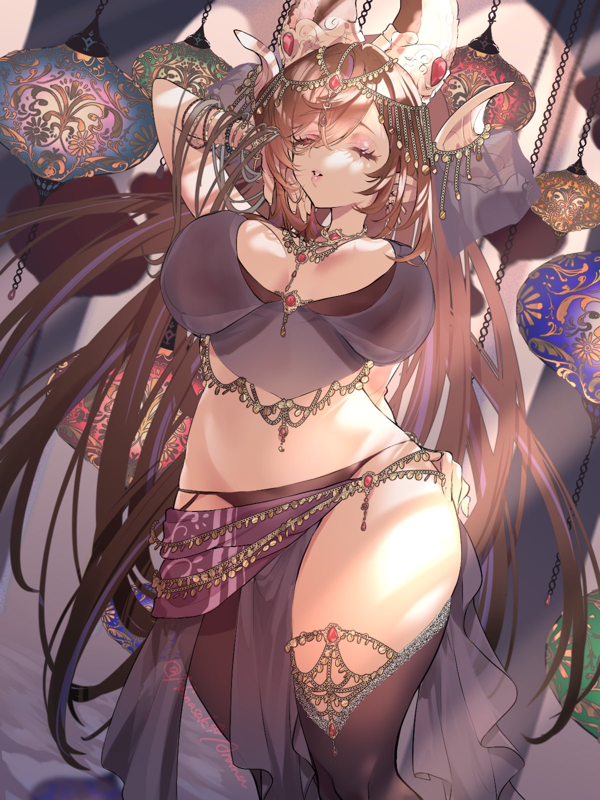 arumu, galleon (granblue fantasy), granblue fantasy, commentary request, highres, 1girl, animal ear fluff, animal ears, asymmetrical legwear, belly chain, bikini, black bikini, black thighhighs, bracelet, breasts, breasts apart, brown hair, chain, chain bracelet, closed eyes, contrapposto, cowboy shot, curled horns, curvy, dancer, extra ears, eyeshadow, gold bracelet, gold chain, gold necklace, groin, hand in own hair, hand on own hip, hand up, harem outfit, head chain, horns, jewelry, large breasts, layered bikini, lipstick, long hair, long pointy ears, makeup, midriff, multicolored hair, necklace, pink lips, pointy ears, purple eyeshadow, purple sarong, purple streaks, purple veil, sarong, see-through clothes, see-through sarong, see-through veil, solo, streaked hair, swimsuit, thick thighs, thighhighs, thighs, tucking hair, veil, very long hair
