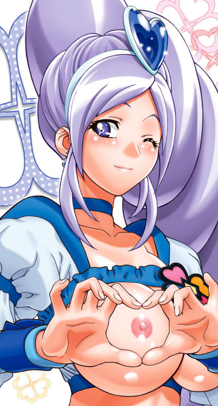 gambler club, kohsaka jun, aono miki, cure berry, fresh precure!, precure, 00s, 1girl, breasts, choker, earrings, eyelashes, female focus, four-finger heart hands, hair ornament, heart, heart hair ornament, heart hands, jewelry, large breasts, magical girl, nipples, one eye closed, open clothes, open shirt, purple eyes, purple hair, shirt, smile, solo, wink