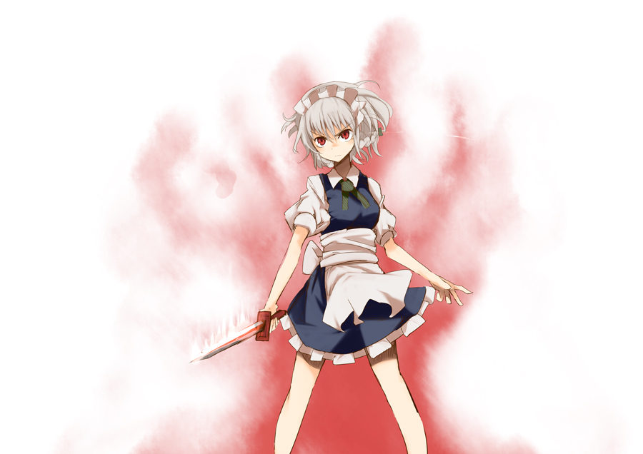 mieharu, izayoi sakuya, touhou, silver hair, 1girl, braid, breasts, dress, female focus, gradient background, knife, maid, red eyes, short hair, solo, twin braids, white background