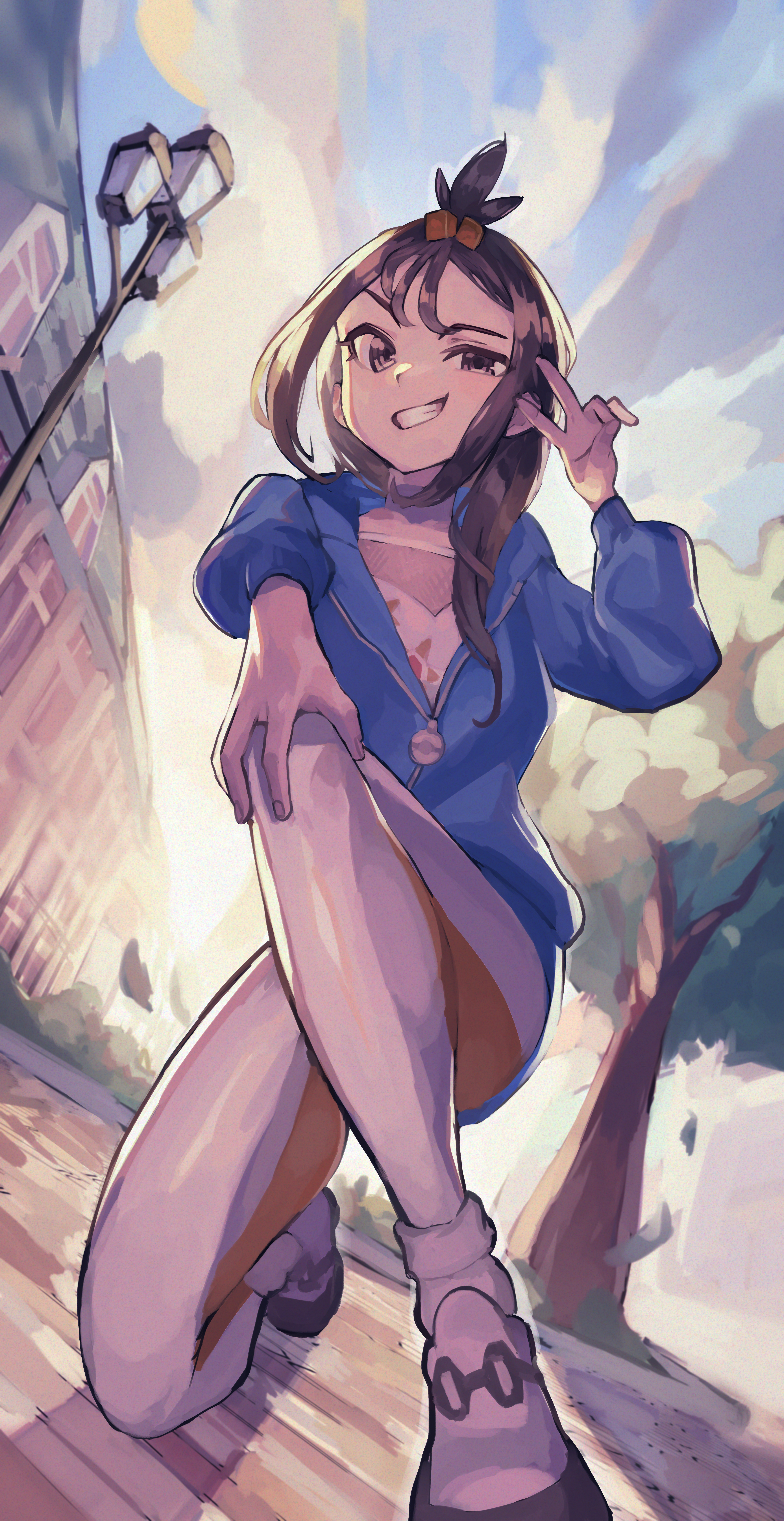 rasoso (wyzx4524), lida (pokemon), staryu, nintendo, pokemon, pokemon legends: z-a, absurdres, highres, 1girl, black hair, blue hoodie, blush, building, cube hair ornament, gen 1 pokemon, grey eyes, grin, hair ornament, hand on own knee, hood, hood down, hoodie, jacket, lamppost, leggings, long hair, long sleeves, looking at viewer, open mouth, orange leggings, outdoors, shirt, shoes, sky, smile, socks, solo, teeth, topknot, tree, two-tone legwear, v, white leggings, white shirt, white socks, wispy bangs