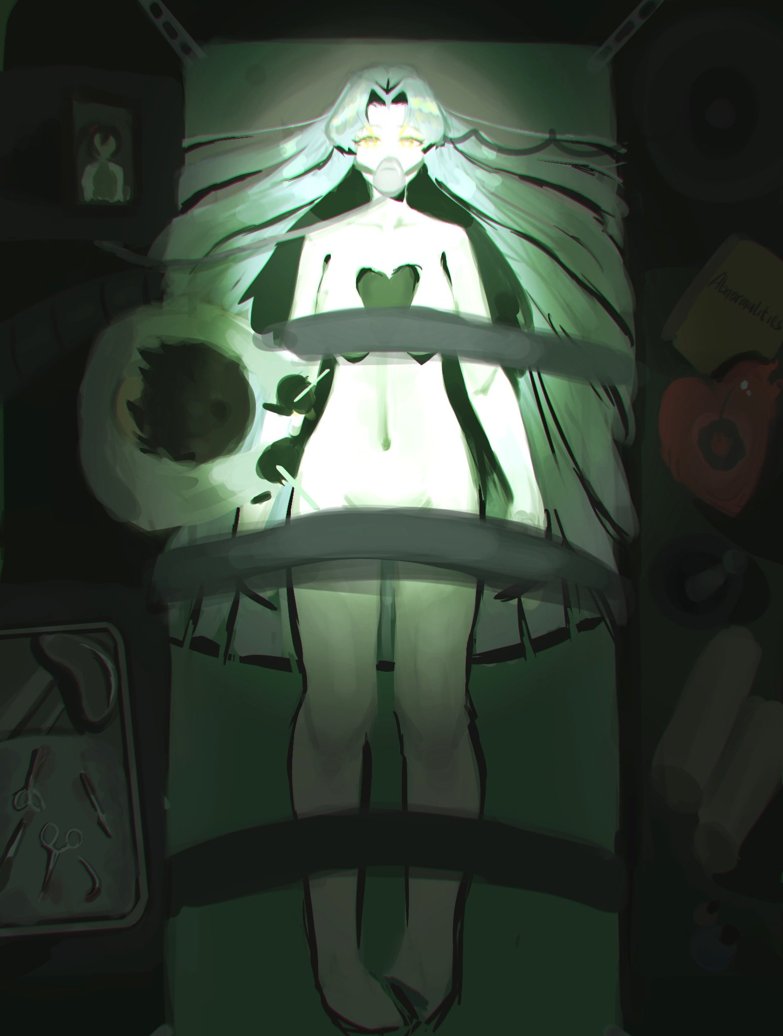 angela (project moon), ayin (project moon), carmen (project moon), lobotomy corporation, project moon, commentary, english commentary, highres, 1girl, 1other, blue hair, breasts, completely nude, doctor, from above, hair intakes, hair spread out, heart of aspiration, indoors, large breasts, long hair, lying, machi 002, mask, navel, nude, on back, respirator, solo, yellow eyes