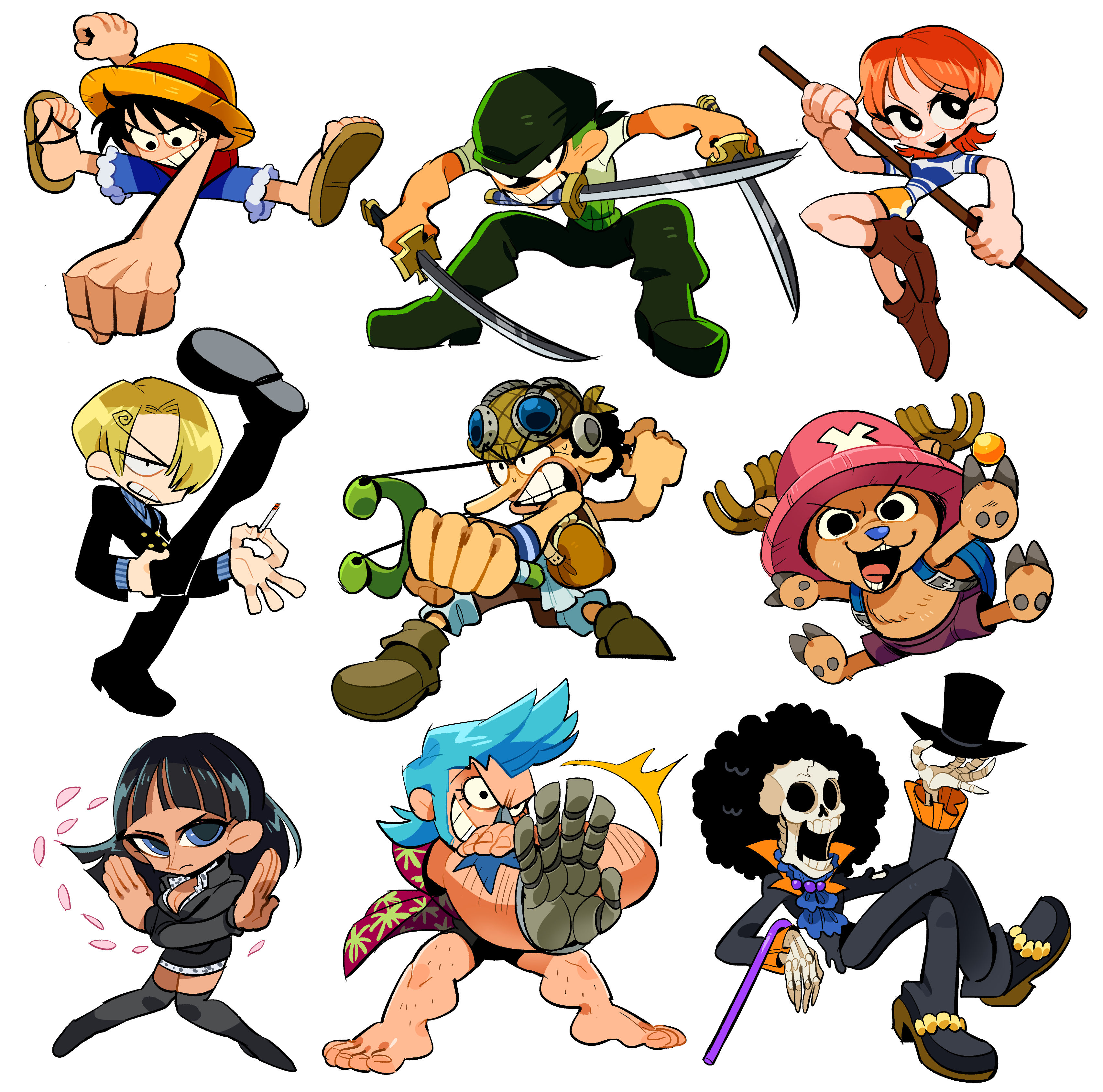 abeiyuuu, brook (one piece), franky (one piece), monkey d. luffy, nami (one piece), nico robin, roronoa zoro, sanji (one piece), tony tony chopper, usopp, one piece, absurdres, highres, 2girls, 6+boys, afro, antlers, backpack, bag, bandana, black dress, black suit, blonde hair, blue eyes, blue hair, blue nose, blue shorts, blunt bangs, boots, chibi, clenched teeth, cross, crossed arms, dress, formal clothes, green hair, hat, holding, holding staff, holding sword, holding weapon, horns, leg hair, leg up, multiple boys, multiple girls, orange hair, pink hat, pink petals, pompadour, reindeer antlers, sandals, shirt, short hair, shorts, simple background, skeleton, staff, straw hat, straw hat pirates, suit, sword, t-shirt, teeth, thigh boots, weapon, white background