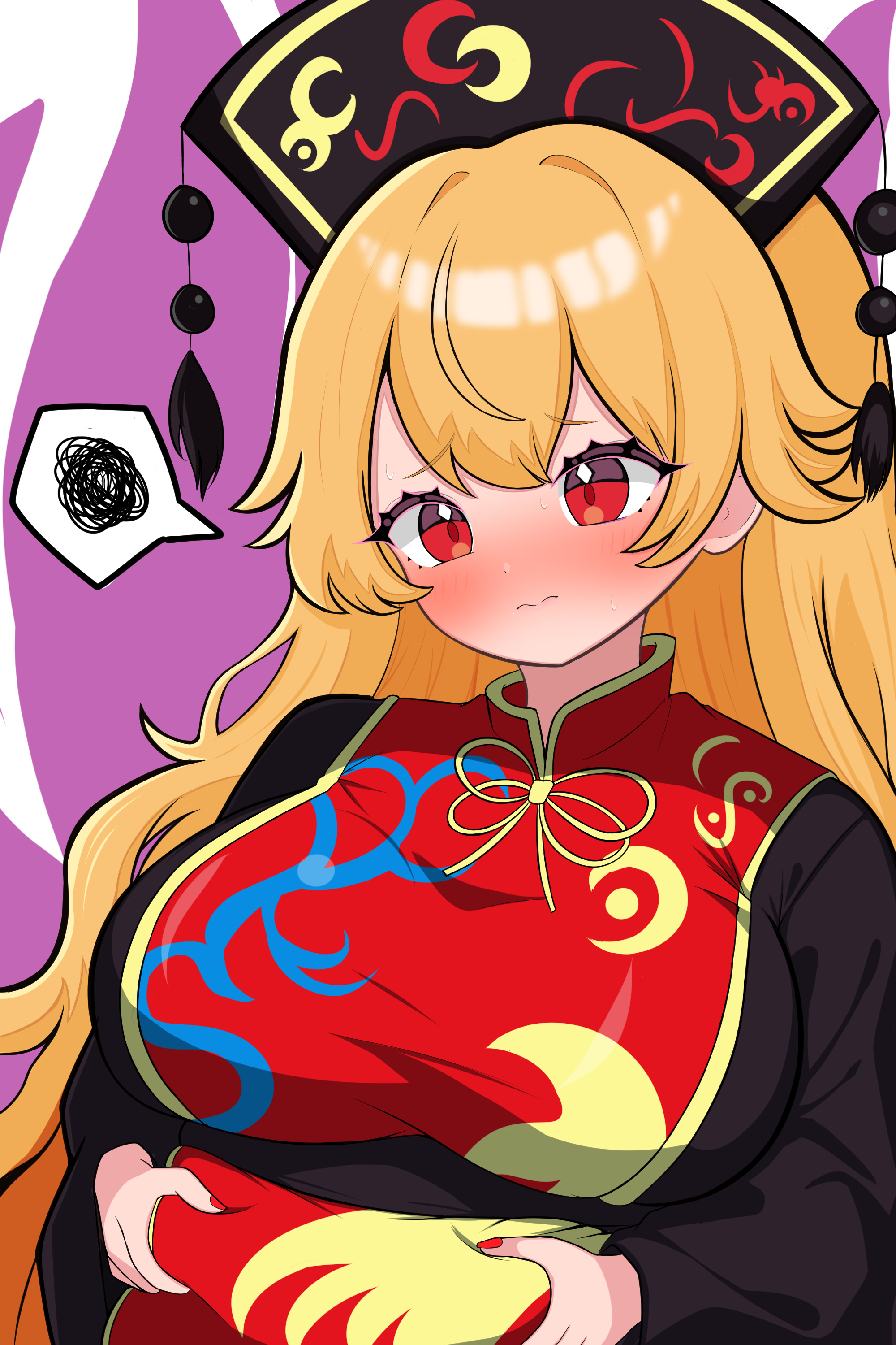junko (touhou), touhou, absurdres, commentary request, highres, 1girl, belt, black belt, black dress, black hat, blush, breasts, chinese clothes, closed mouth, crescent, crescent print, diamond-shaped pupils, diamond (shape), dress, embarrassed, energy, fingernails, hair between eyes, hat, kukurukurukuru, large breasts, long hair, long sleeves, looking down, mandarin collar, nail polish, neck ribbon, orange hair, phoenix print, pom pom (clothes), red eyes, red nails, red tabard, ribbon, simple background, solo, speech bubble, spoken squiggle, squiggle, sweat, symbol-shaped pupils, tabard, tassel, upper body, wavy hair, white background, wide sleeves, yellow ribbon