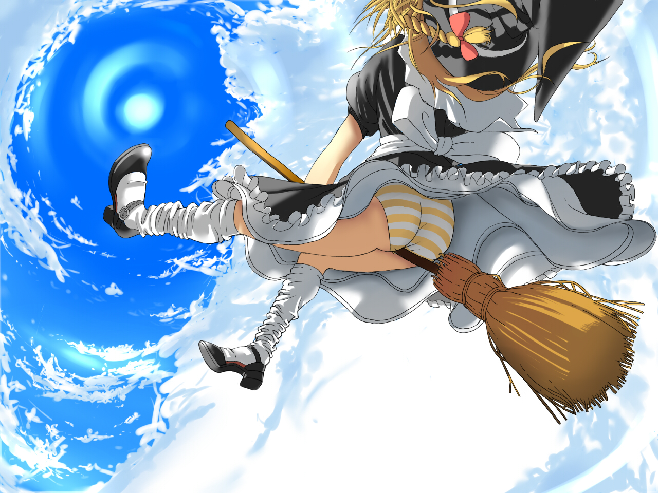 kemu (guruguru dan), kirisame marisa, touhou, 1girl, ass, blonde hair, broom, day, female focus, flying, panties, ribbon, sky, solo, striped clothes, striped panties, underwear, yellow panties