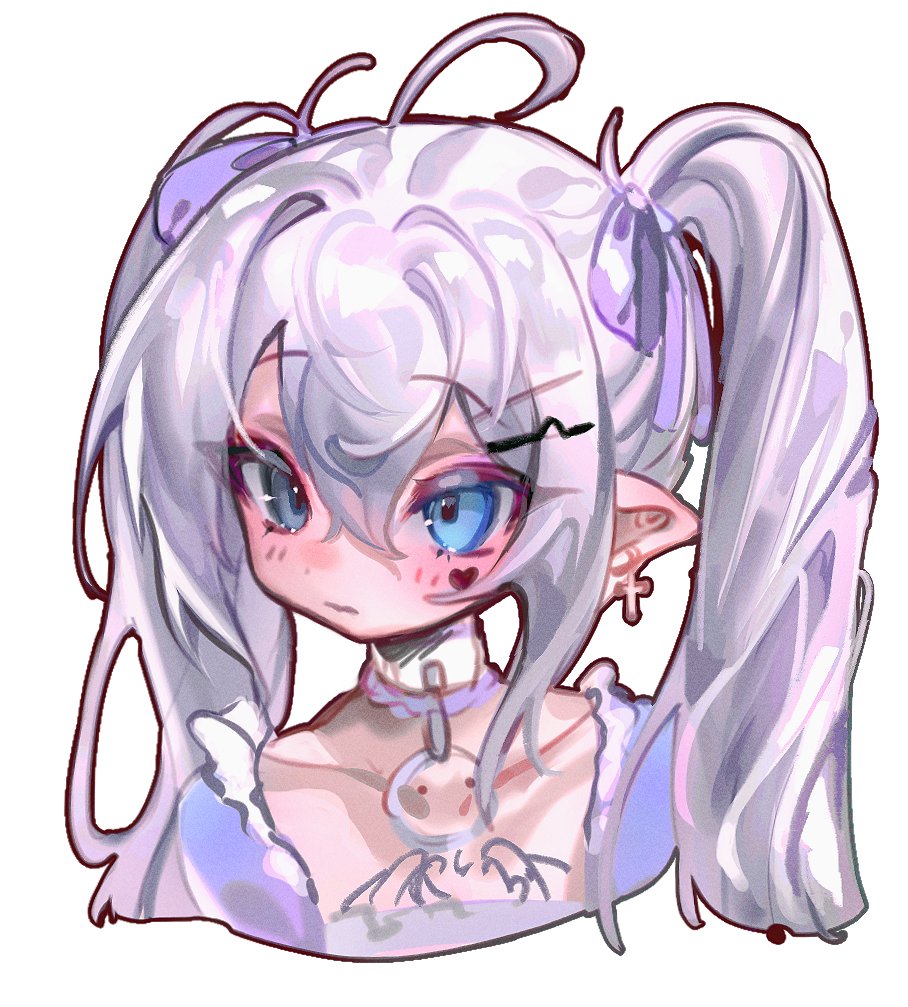 cloud (lufaeris), original, commentary, english commentary, 1girl, ahoge, blue eyes, choker, closed mouth, cropped shoulders, cross, cross earrings, double-parted bangs, earrings, facial mark, grey hair, hair between eyes, hair ribbon, heart, heart facial mark, heterochromia, jewelry, long hair, pointy ears, purple ribbon, ribbon, simple background, solo, turning head, twintails, white background, white choker