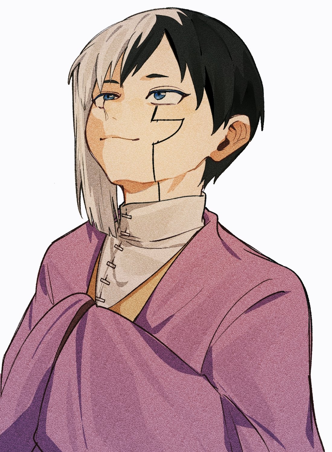 0a 9 (pixiv82791714), asagiri gen, dr. stone, highres, 1boy, asymmetrical hair, black hair, blue eyes, closed mouth, hands in opposite sleeves, japanese clothes, looking up, male focus, multicolored hair, shirt, short hair, simple background, smile, smug, solo, split-color hair, two-tone hair, upper body, white background, white hair, white shirt